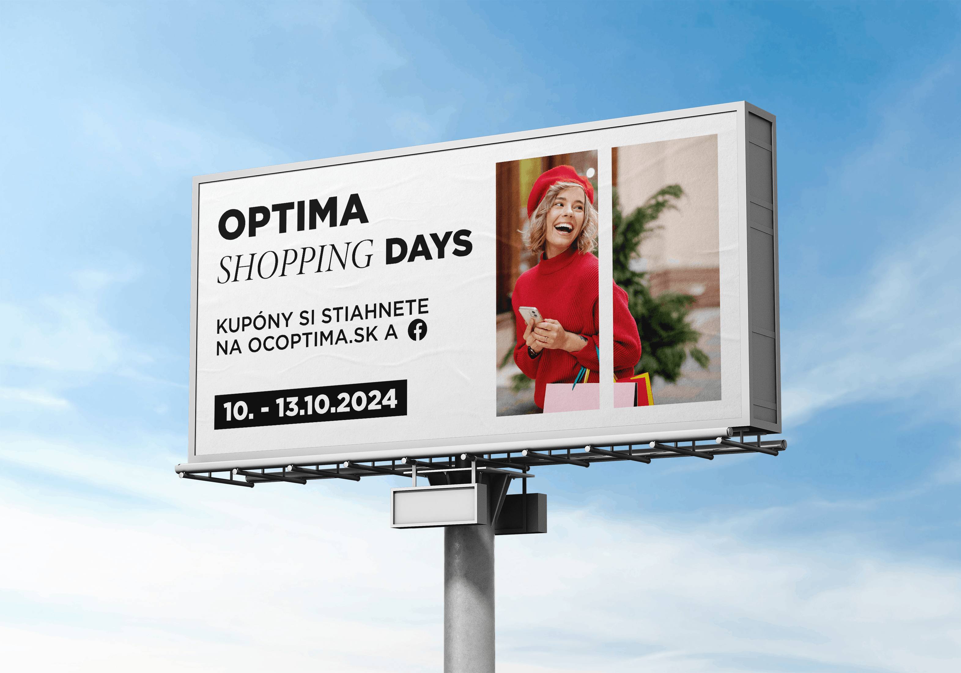 Reklamný billboard OC Optima Shopping Days s fotografiou ženy v červenom oblečení, nákupnými taškami a termínom 10. – 13. októbra 2024.