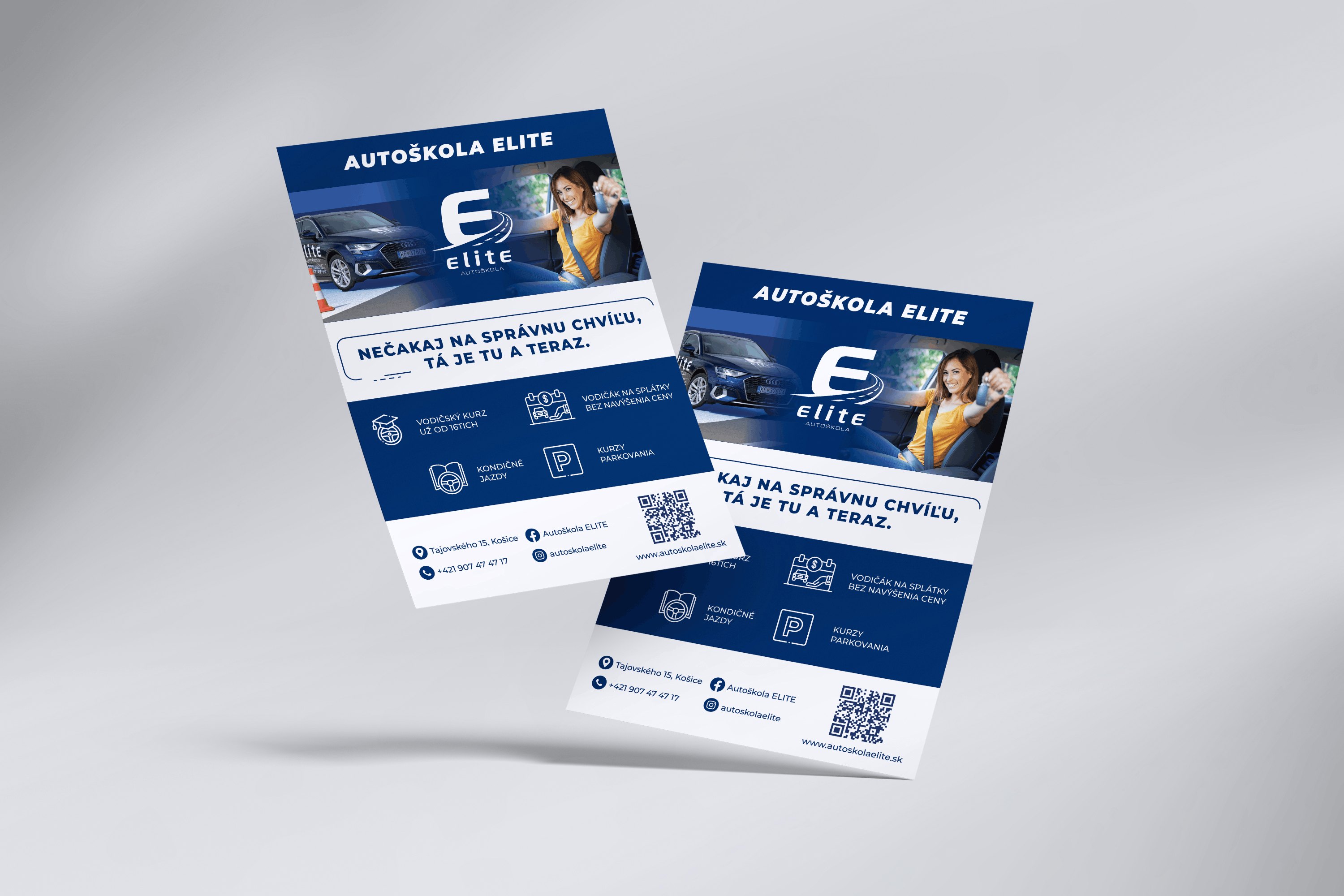 Modro-biele obojstranné reklamné letáky Autoškoly Elite s fotografiou automobilu, inštruktorov, ponukou kurzov a QR kódom.