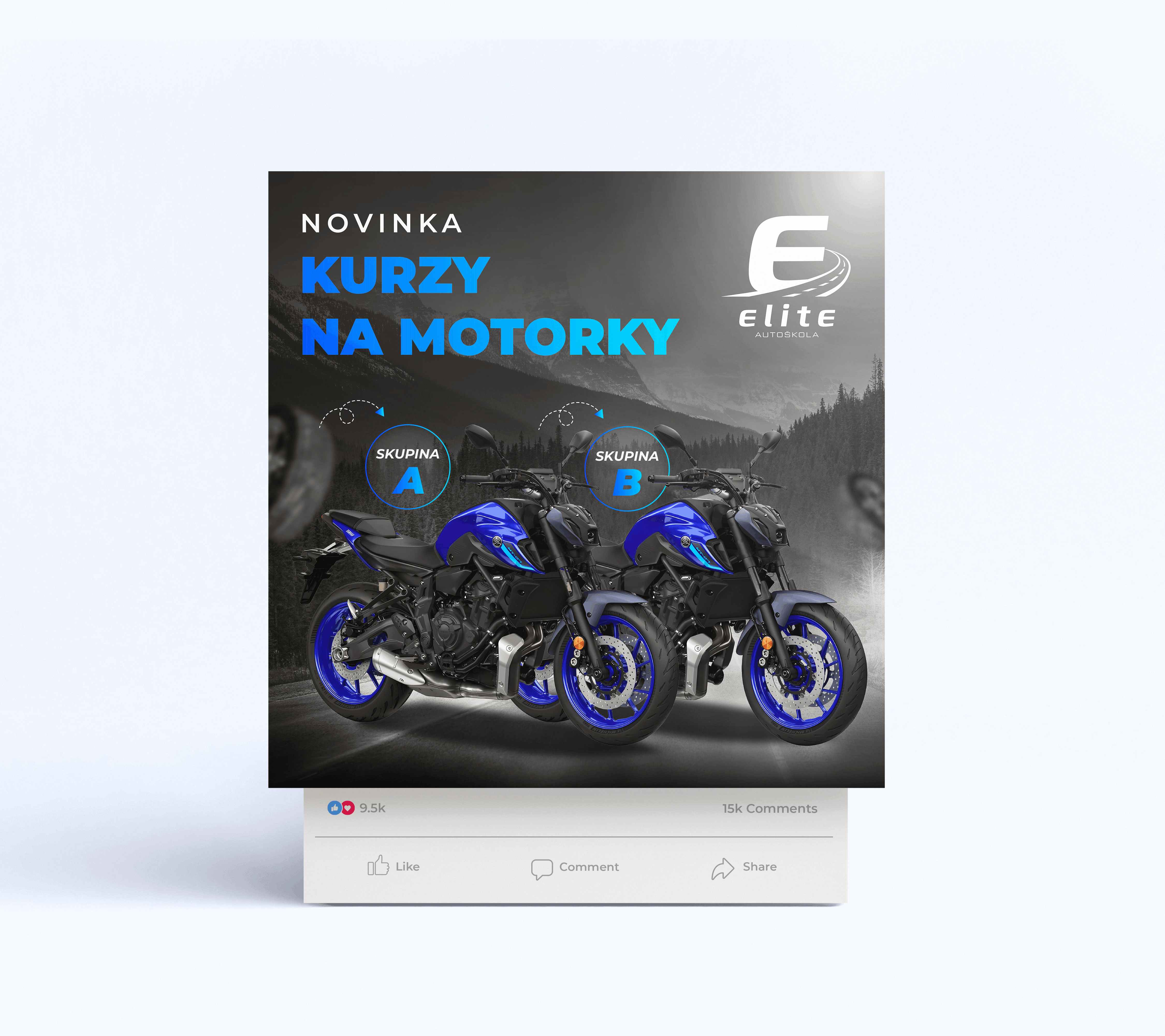 Reklamný príspevok Autoškoly Elite s dvoma modrými motocyklami, tmavým pozadím a informáciou o nových kurzoch na motorky.