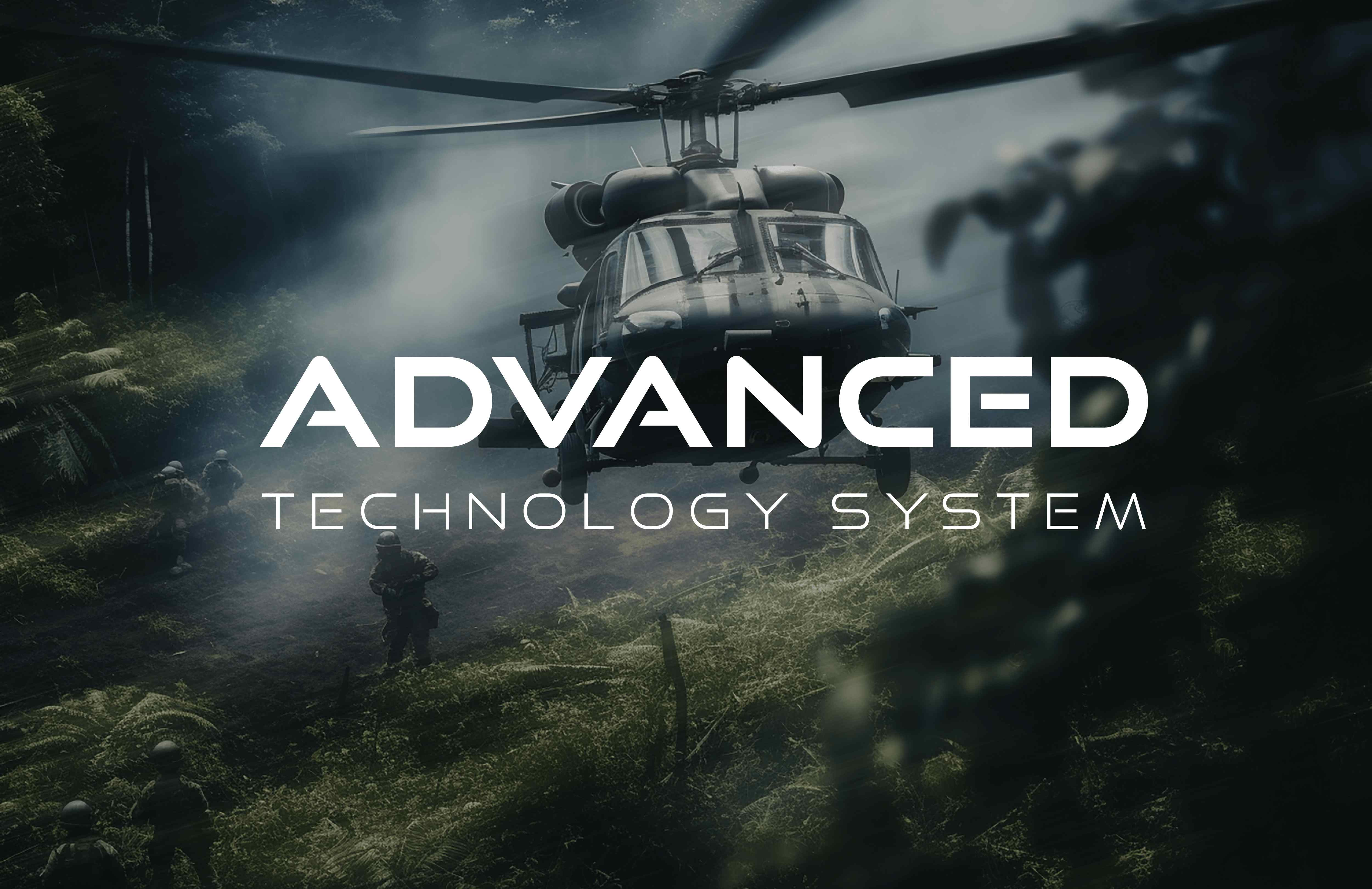 grafické spracovanie loga advanced technology system na pozadí s vrtulníkom 