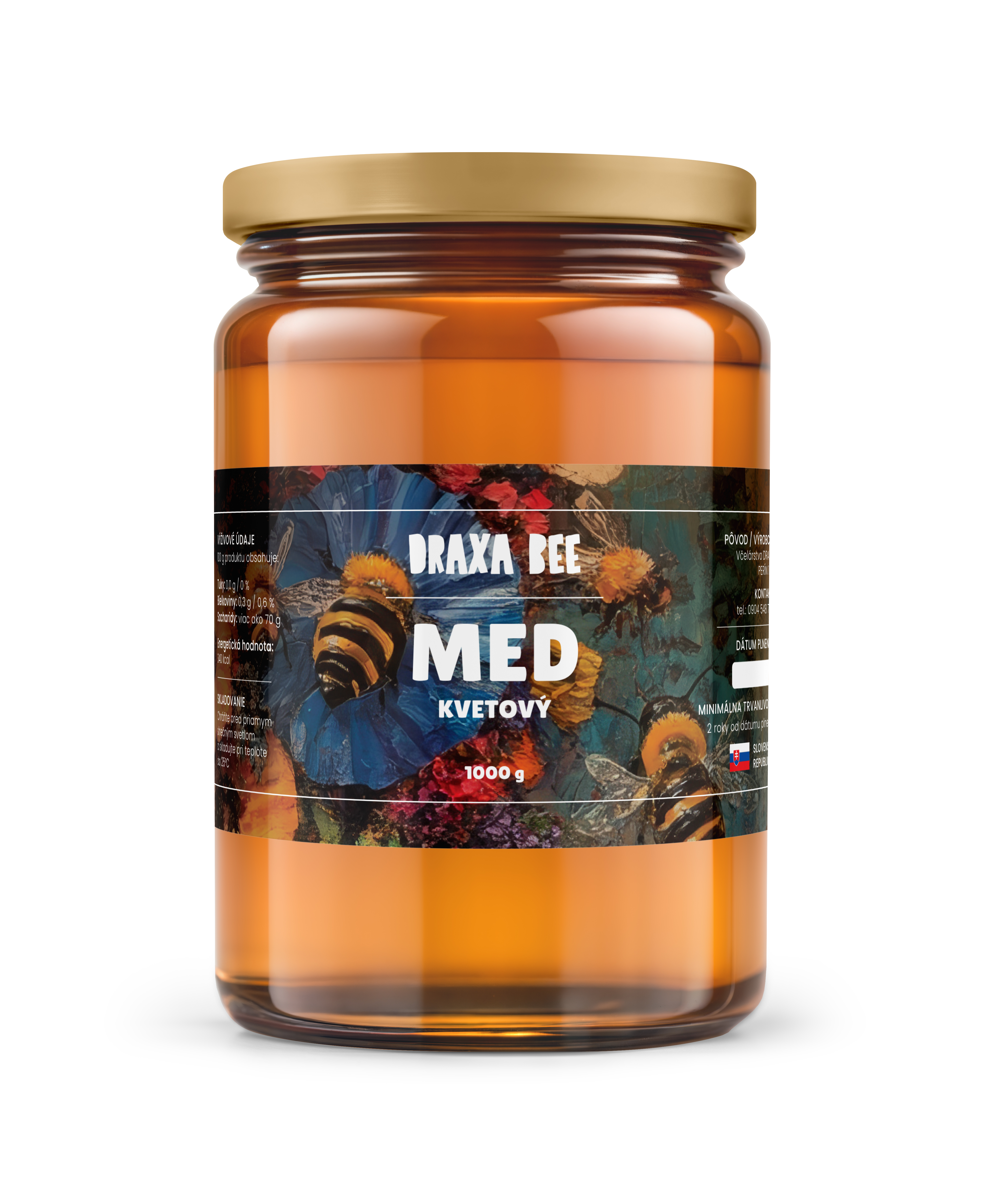 Sklenený pohár kvetového medu Draxa Bee s tmavou farebnou etiketou, detailnými motívmi včiel a výrazným názvom medu.