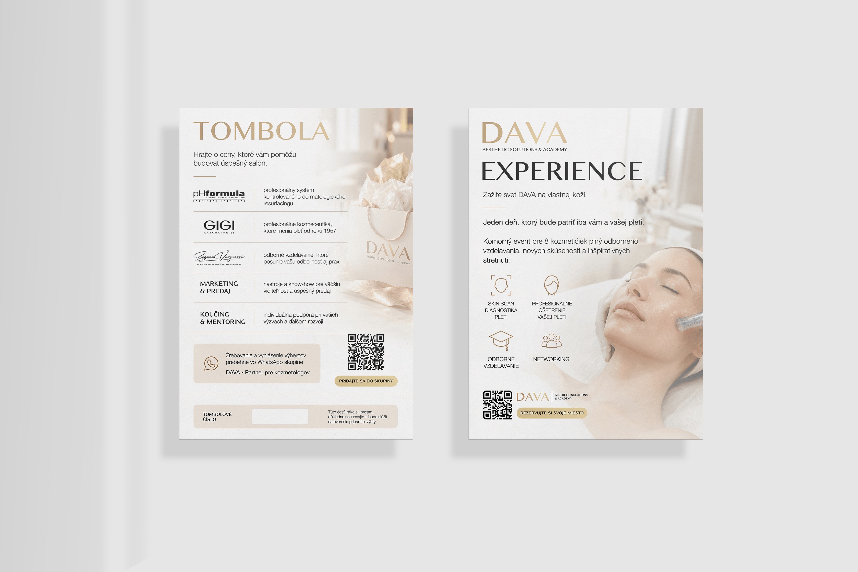 Obojstranný propagačný leták DAVA Aesthetic Solution & Academy v béžových a zlatých odtieňoch s informáciami o tombole, beauty zážitkoch a kozmetických ošetreniach.