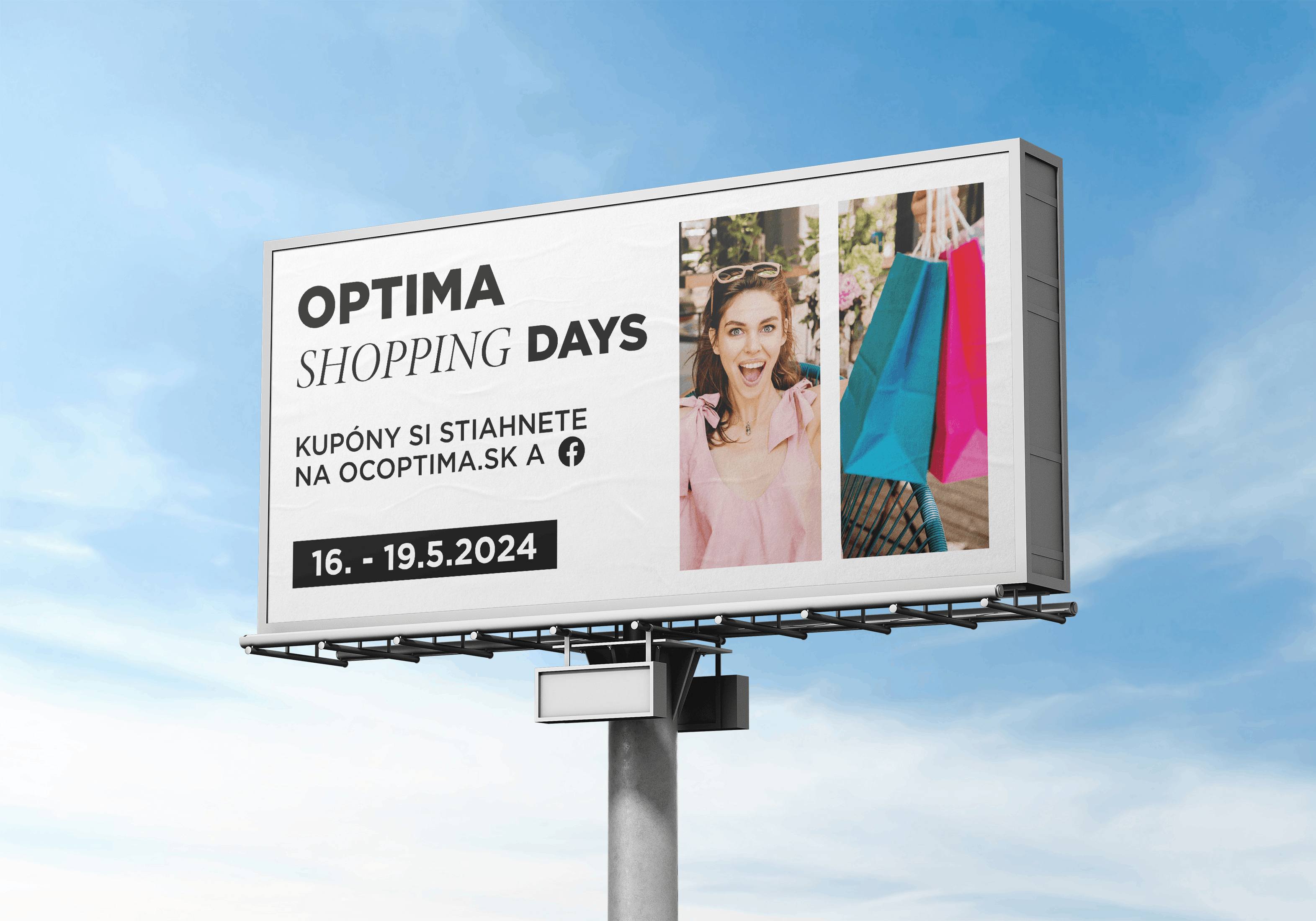 Veľkoplošný billboard OC Optima Shopping Days s fotografiou ženy v ružovom oblečení, farebnými nákupnými taškami a termínom 16. – 19. septembra 2024.