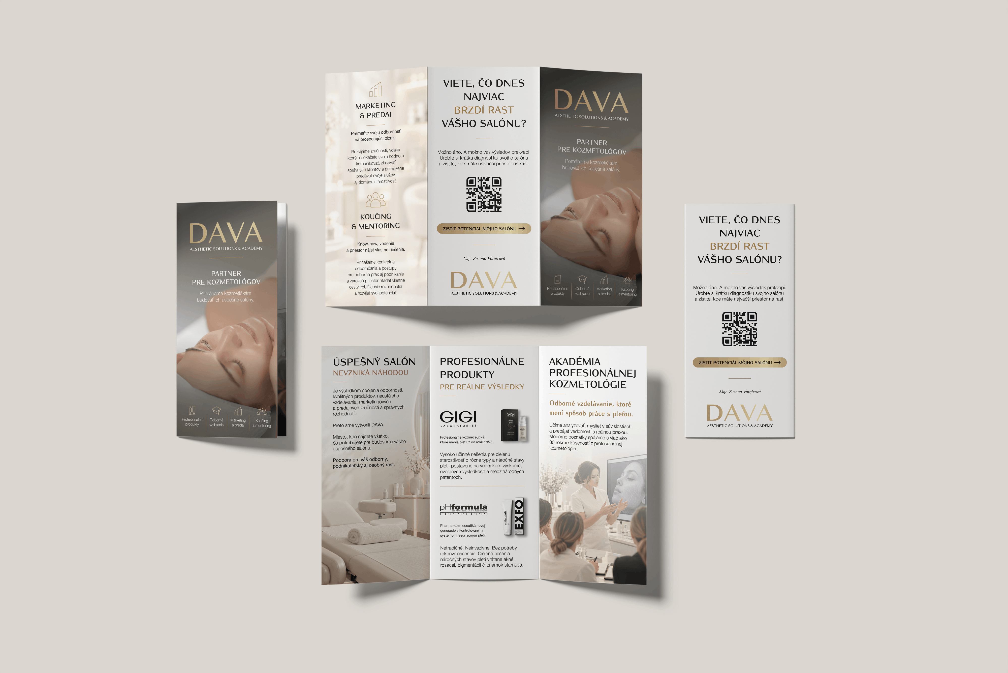 Skladací reklamný leták DAVA Aesthethic Solution & Academy v béžových a hnedých odtieňoch s fotografiami kozmetických ošetrení, textami a QR kódom.
