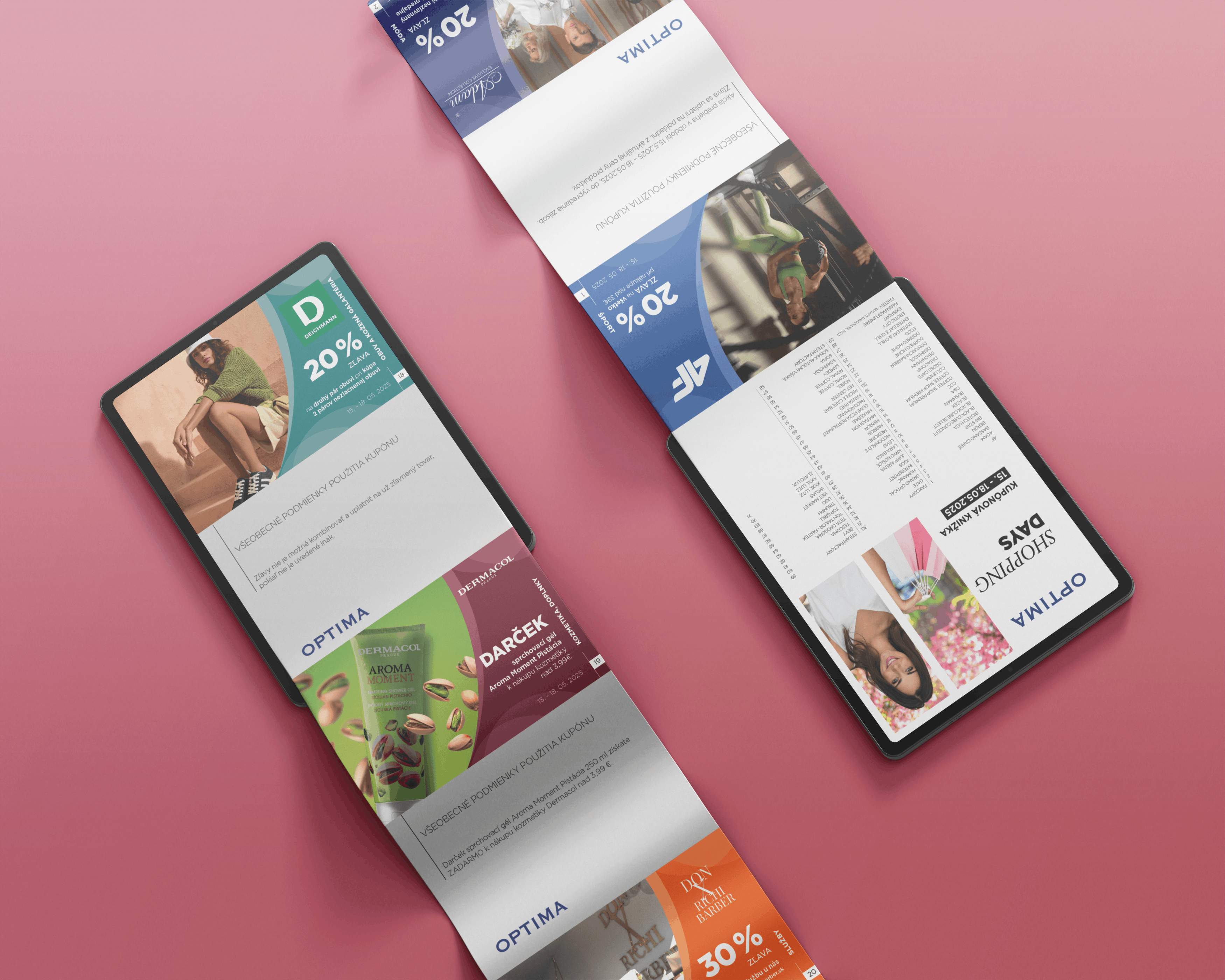 Ukážky kupónovej knižky OC Optima na mobilných zariadeniach s reklamnými bannermi, nákupnými akciami a zľavovými ponukami.