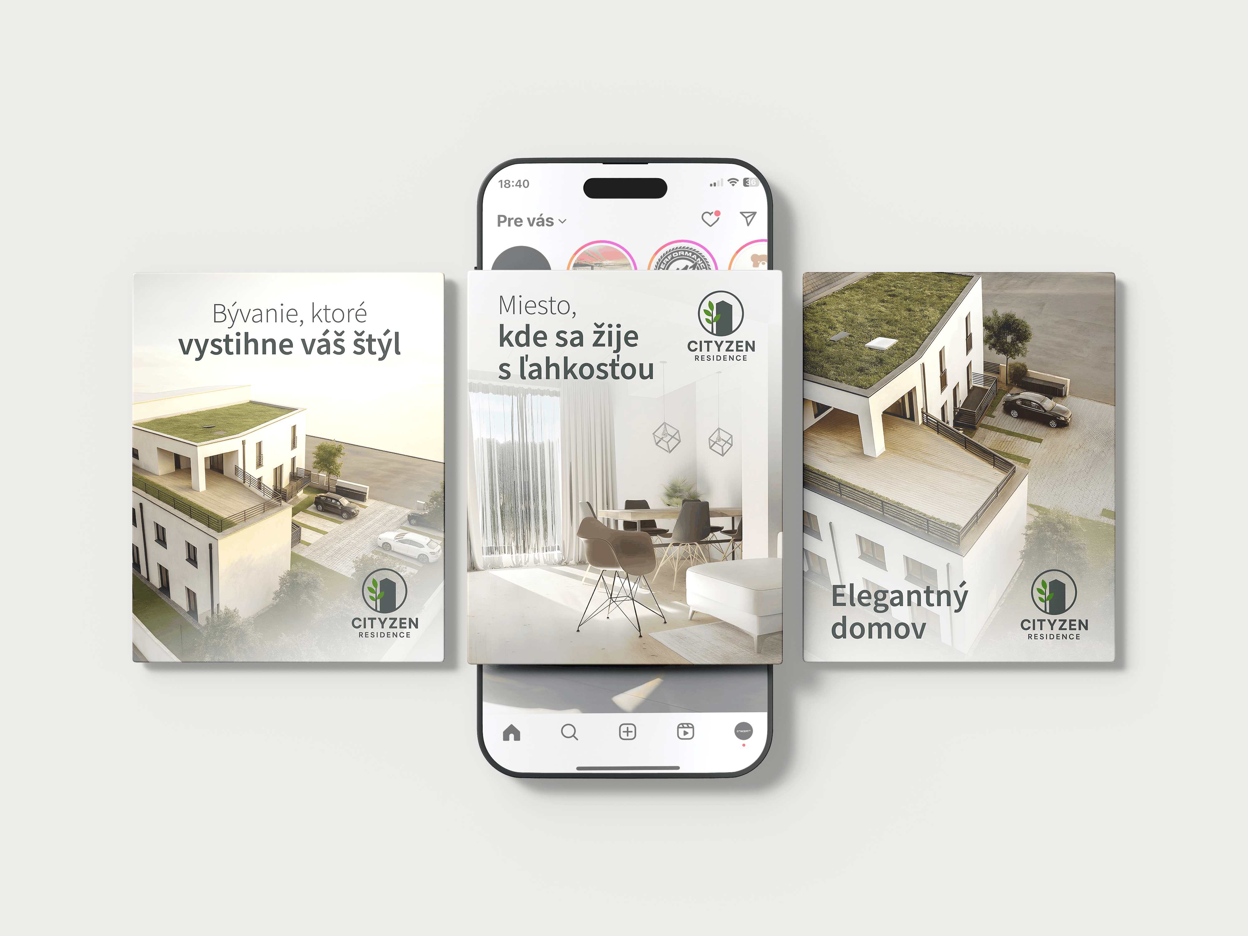 Instagramové príspevky Cityzen Residence s vizualizáciami moderných rodinných domov, interiérov a minimalistickou béžovo-zelenou grafikou.