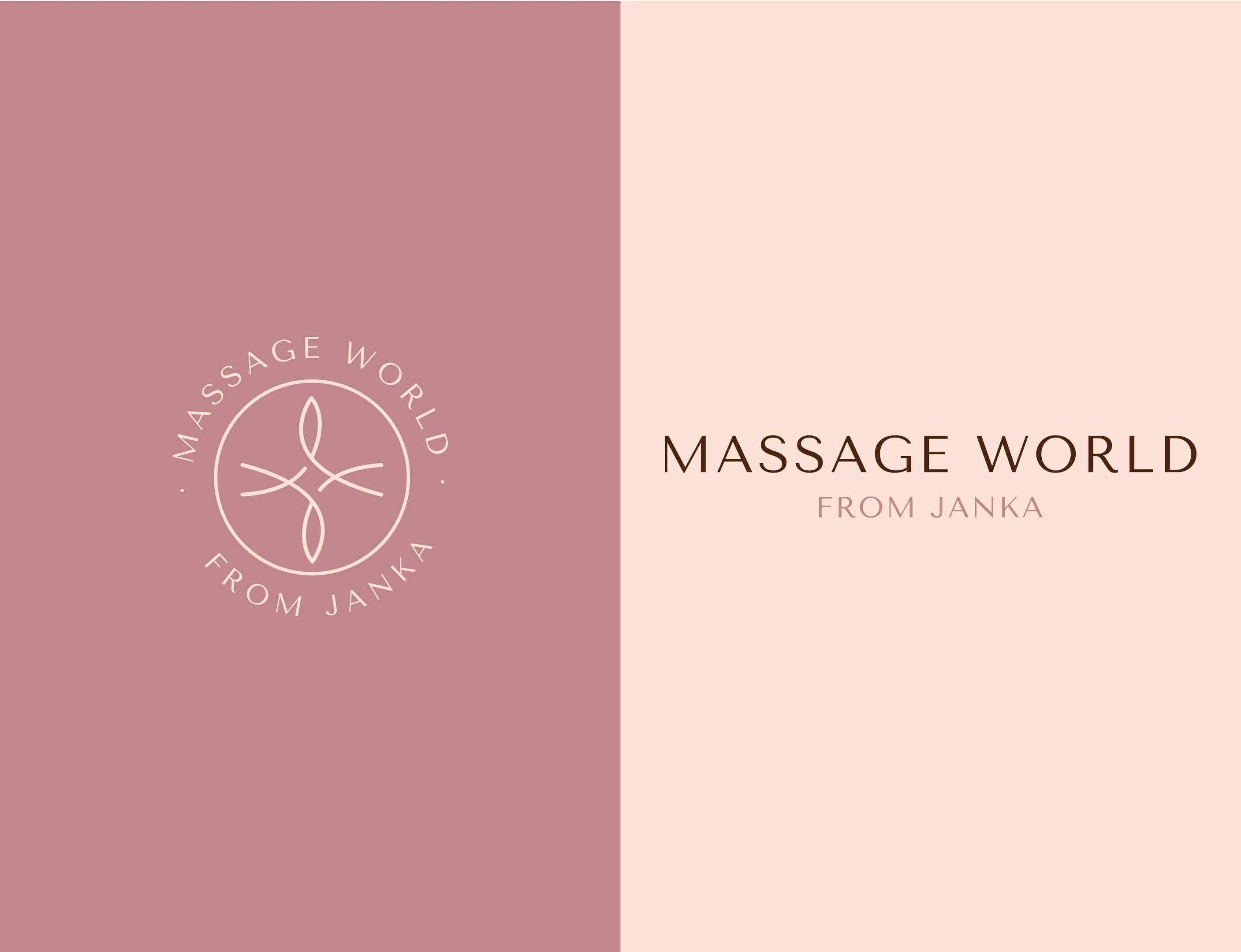Návrh loga Massage World from Janka s jemným kruhovým symbolom a elegantnou typografiou v ružových a béžových odtieňoch.