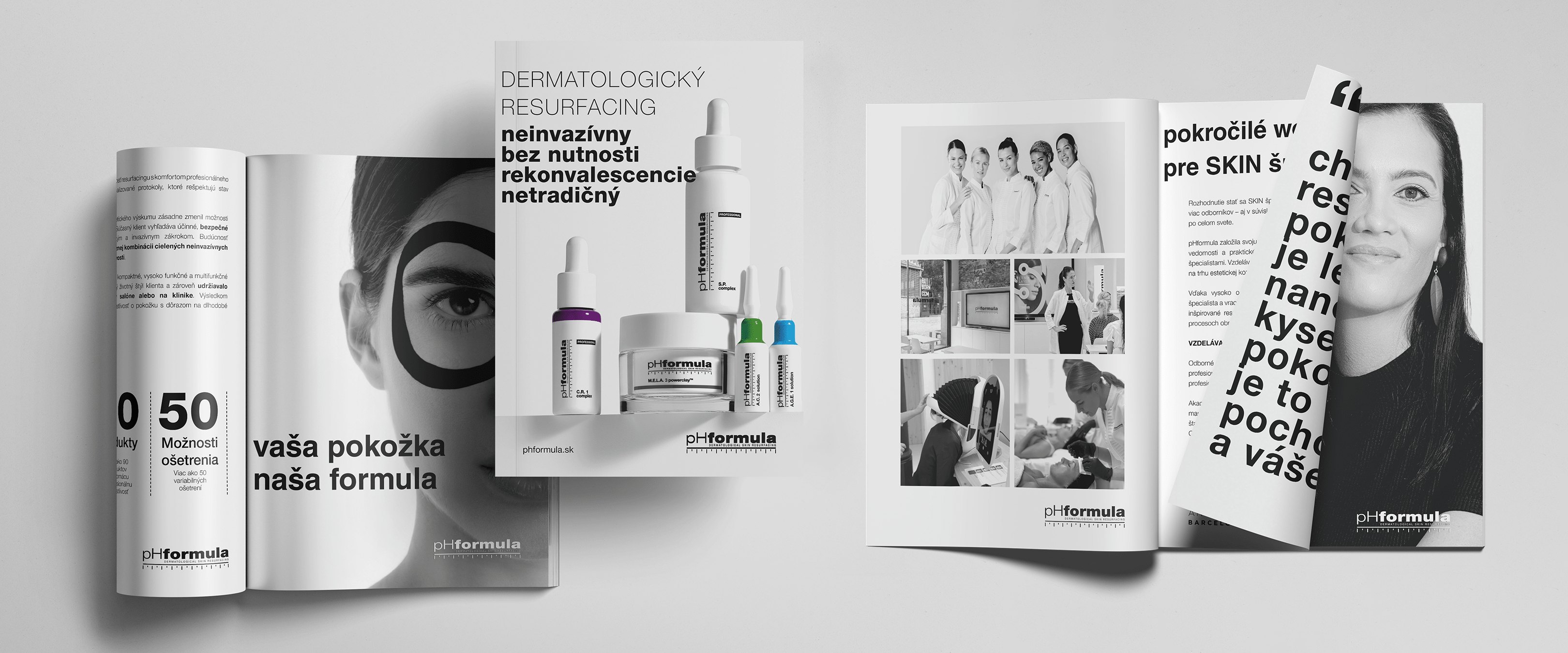 Grafické návrhy produktových letákov a prezentačných materiálov pHformula s fotografiami kozmetiky, odbornými informáciami a čiernobielym dizajnom.