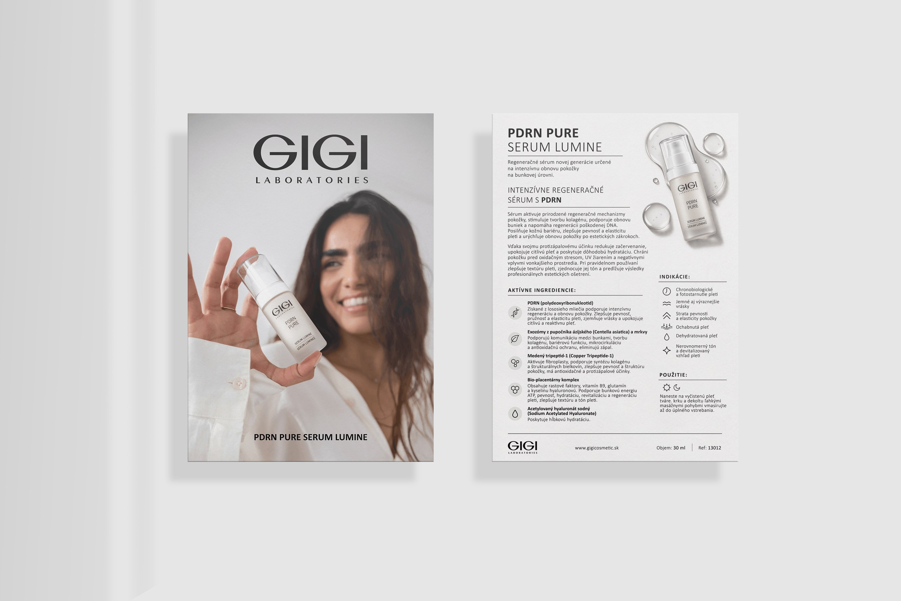 Obojstranný produktový leták GIGI Laboratories pre sérum PDRN Pure Serum Lumine s fotografiou modelky, produktu a informáciami o kozmetike.