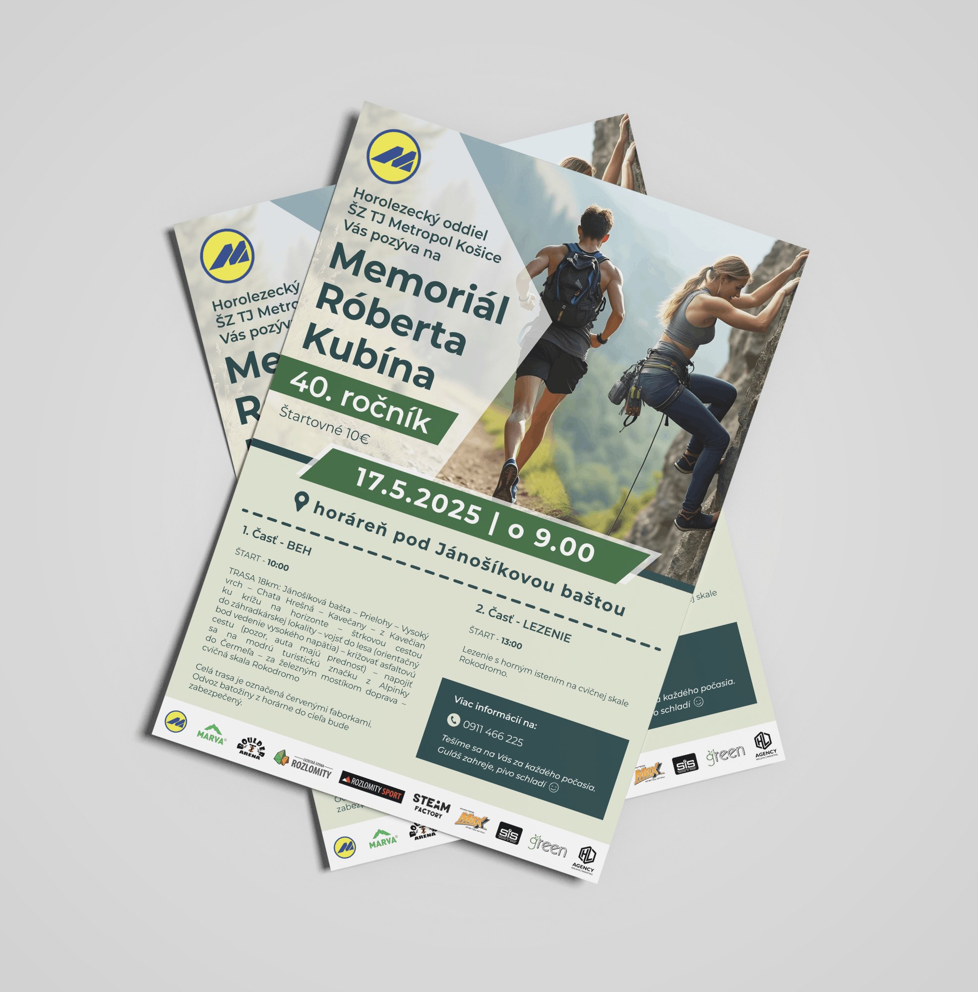Športový plagát Memoriál Róberta Kubína s fotografiou turistov na skalách, dátumom podujatia a informáciami o turistickom pochode.
