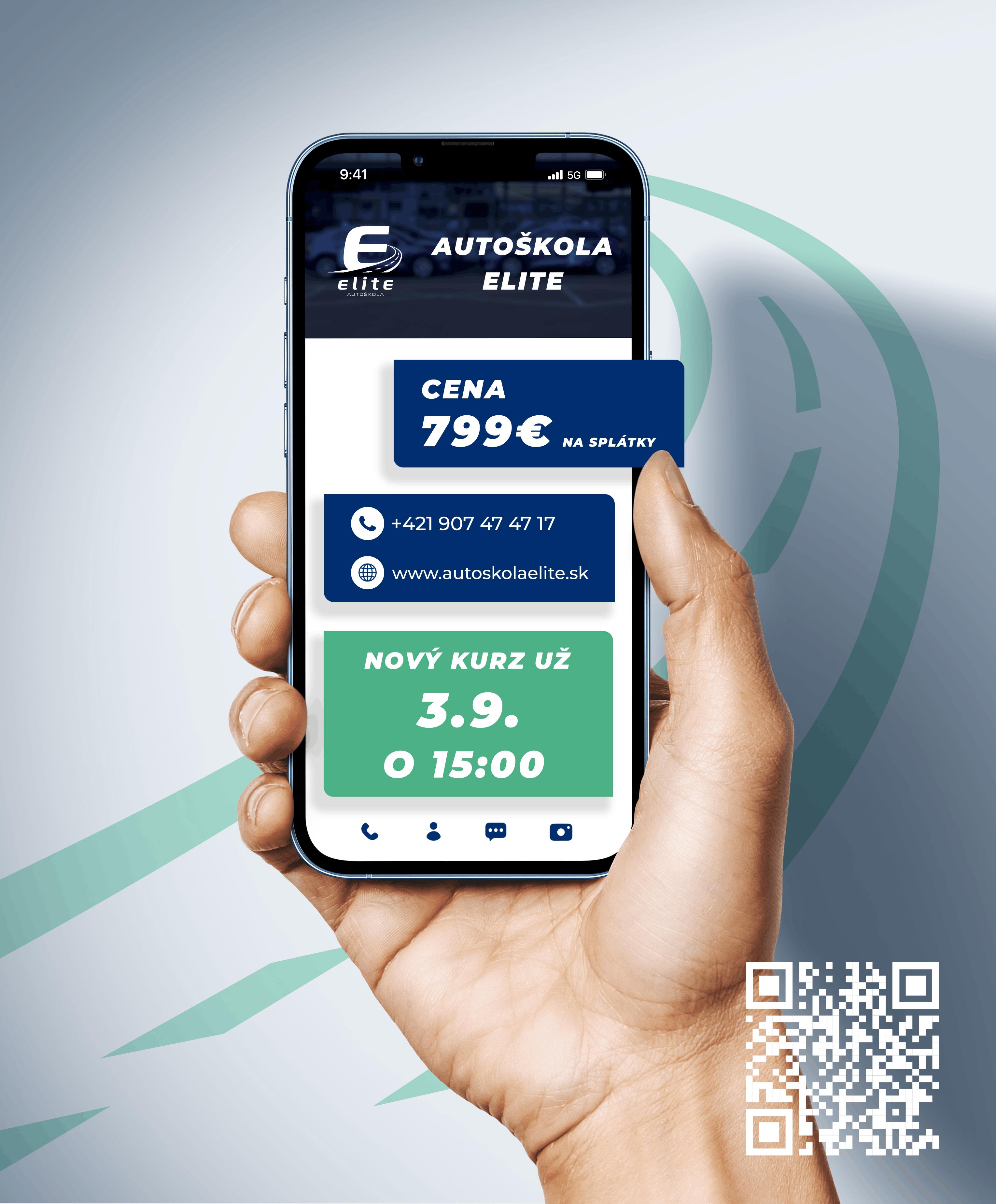 Mobilný reklamný banner Autoškoly Elite s tmavomodrou a zelenou grafikou, cenou vodičského kurzu a informáciou o novom termíne.