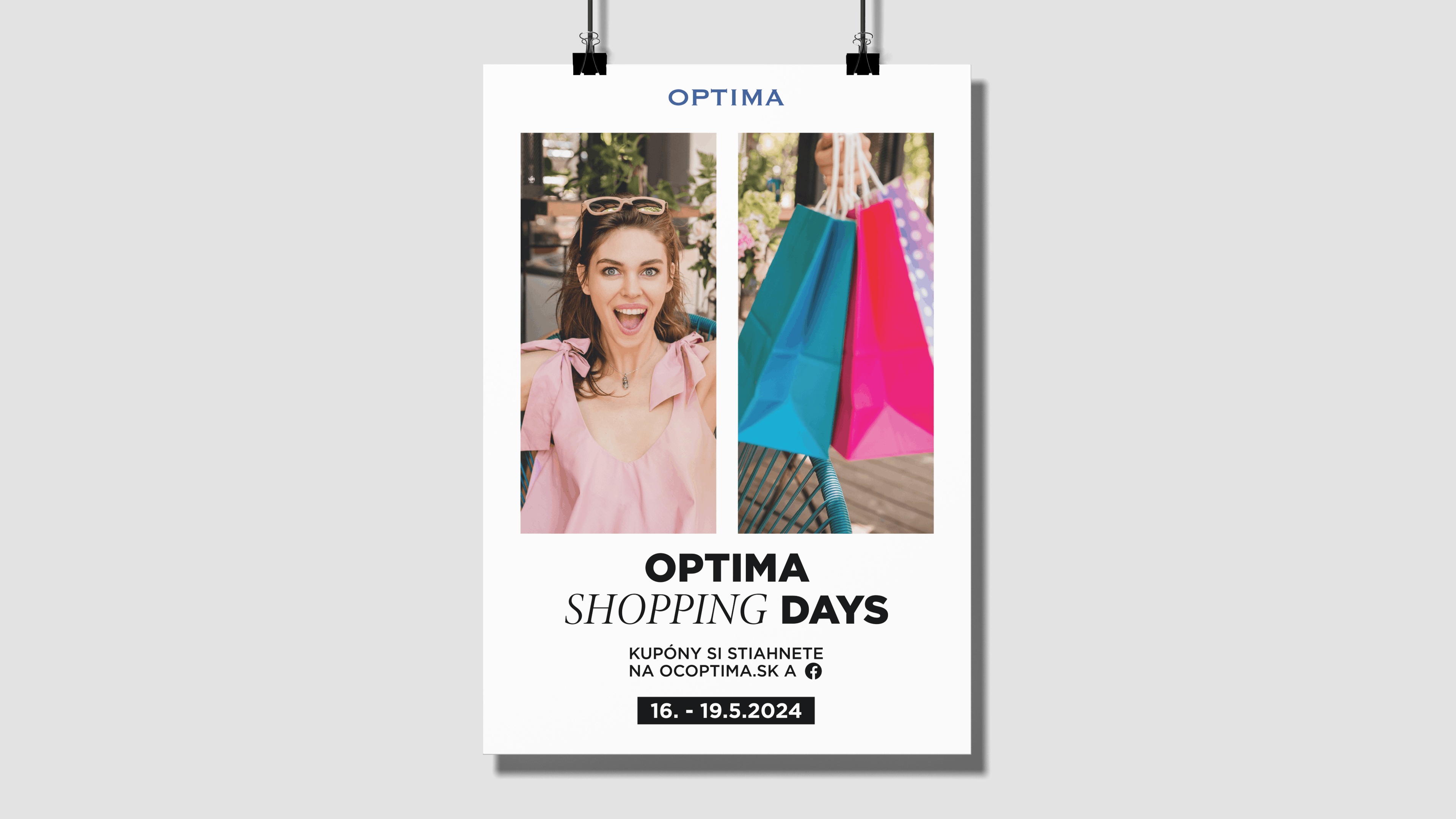 Reklamný plagát OC Optima Shopping Days s fotografiou usmiatej ženy, farebnými nákupnými taškami a termínom septembrovej akcie.