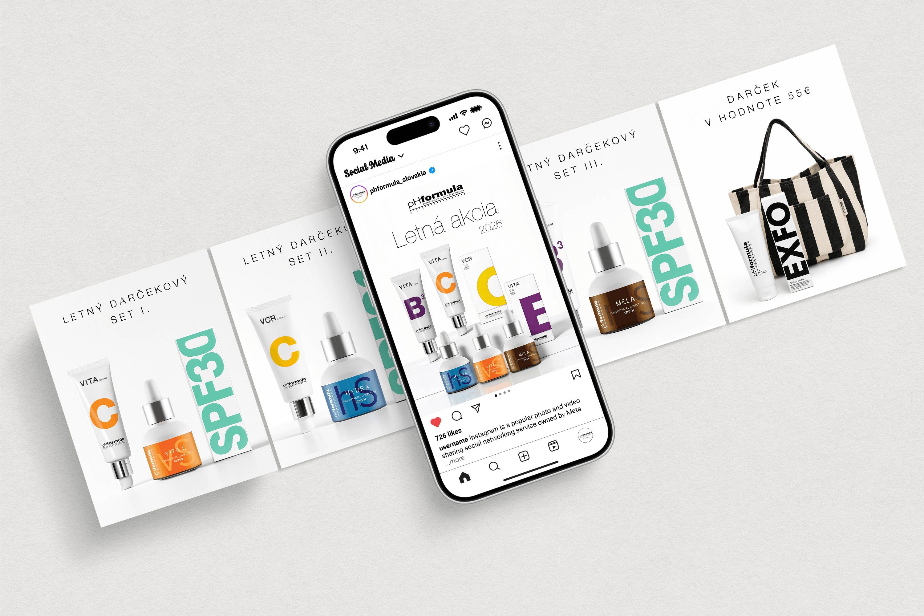 Instagramový príspevok pHformula s kozmetickými produktmi a letnou akciou, zobrazený na mobilnom telefóne spolu s ďalšími produktovými vizuálmi.