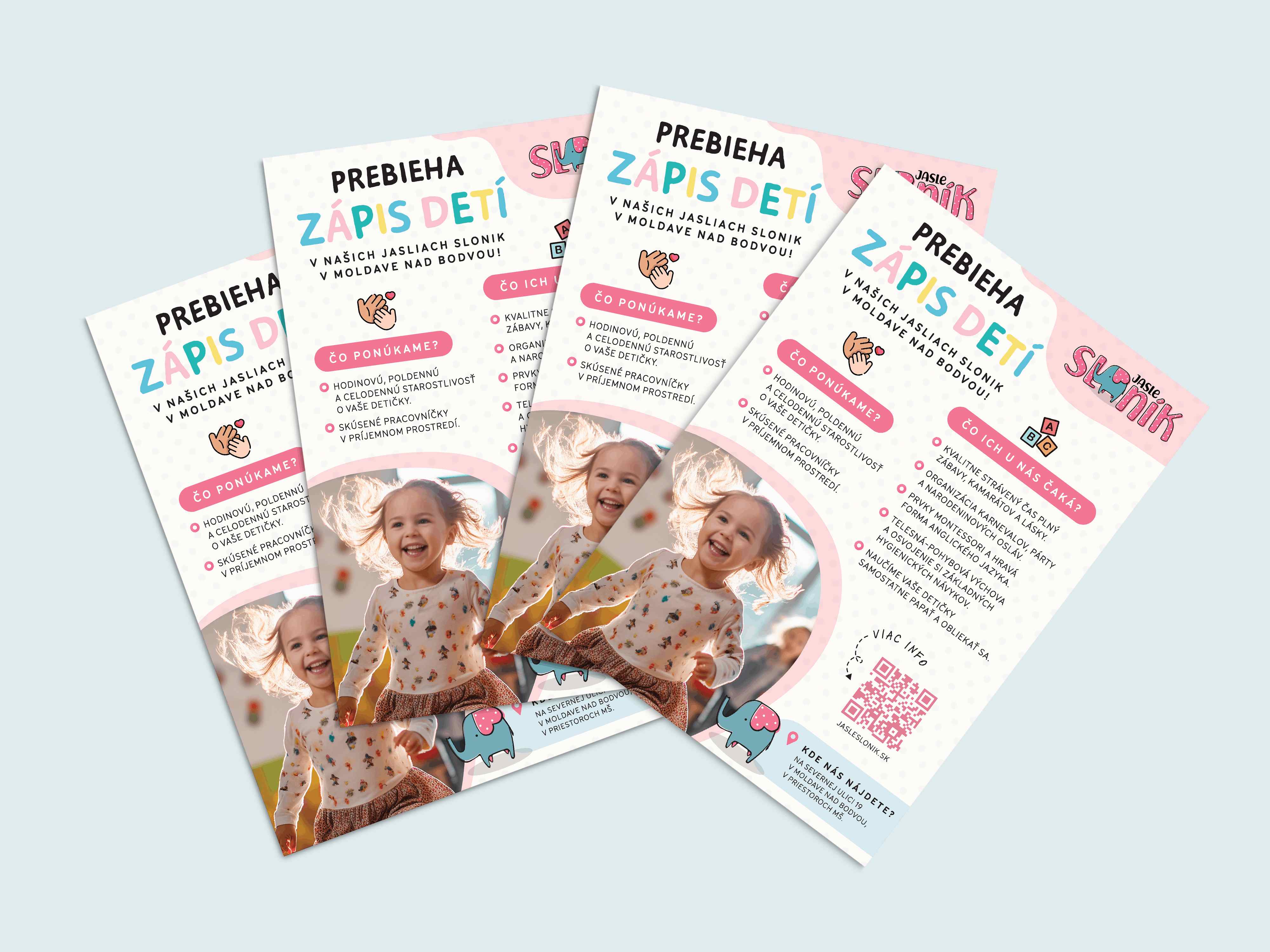 Farebné informačné letáky o zápise detí do súkromného detského centra s fotografiami detí, hravou typografiou a ružovými grafickými prvkami.
