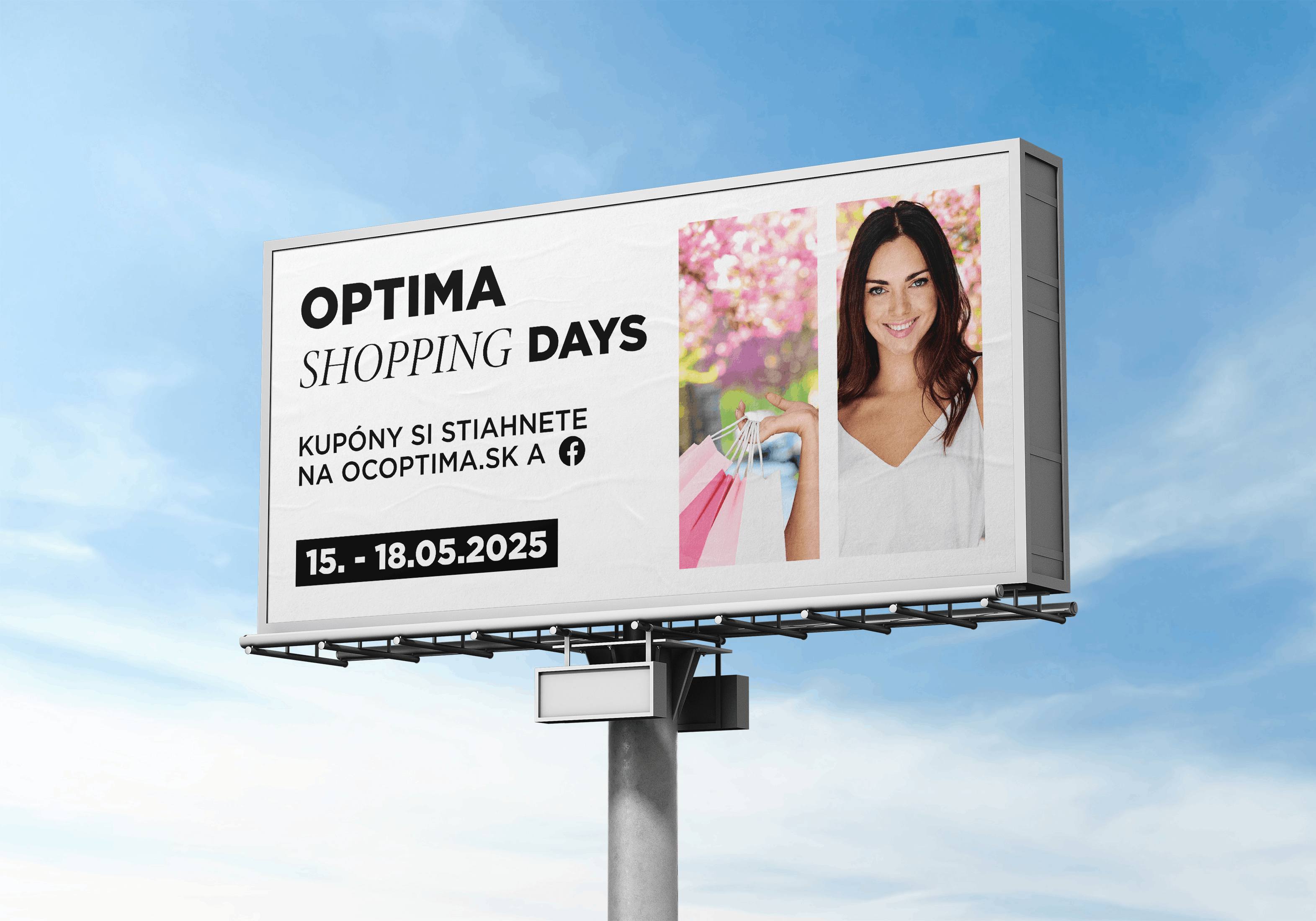 Veľkoplošný billboard OC Optima Shopping Days s fotografiou ženy v bielom oblečení, farebnými nákupnými taškami a dátumom 15. – 18. mája 2025.