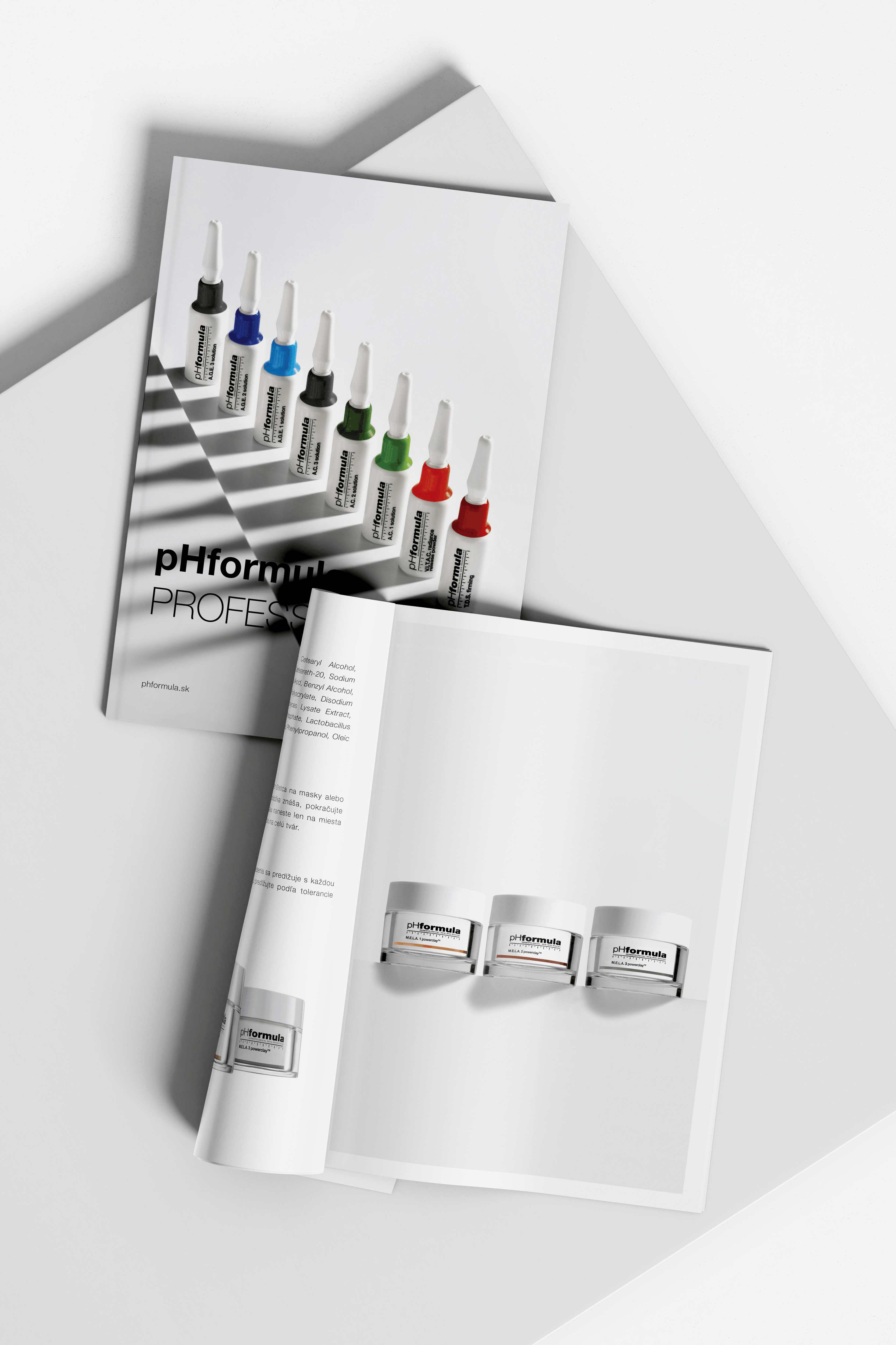 Produktový katalóg pHformula s fotografiami kozmetických ampuliek a krémov, bielym pozadím a minimalistickým rozložením textov.