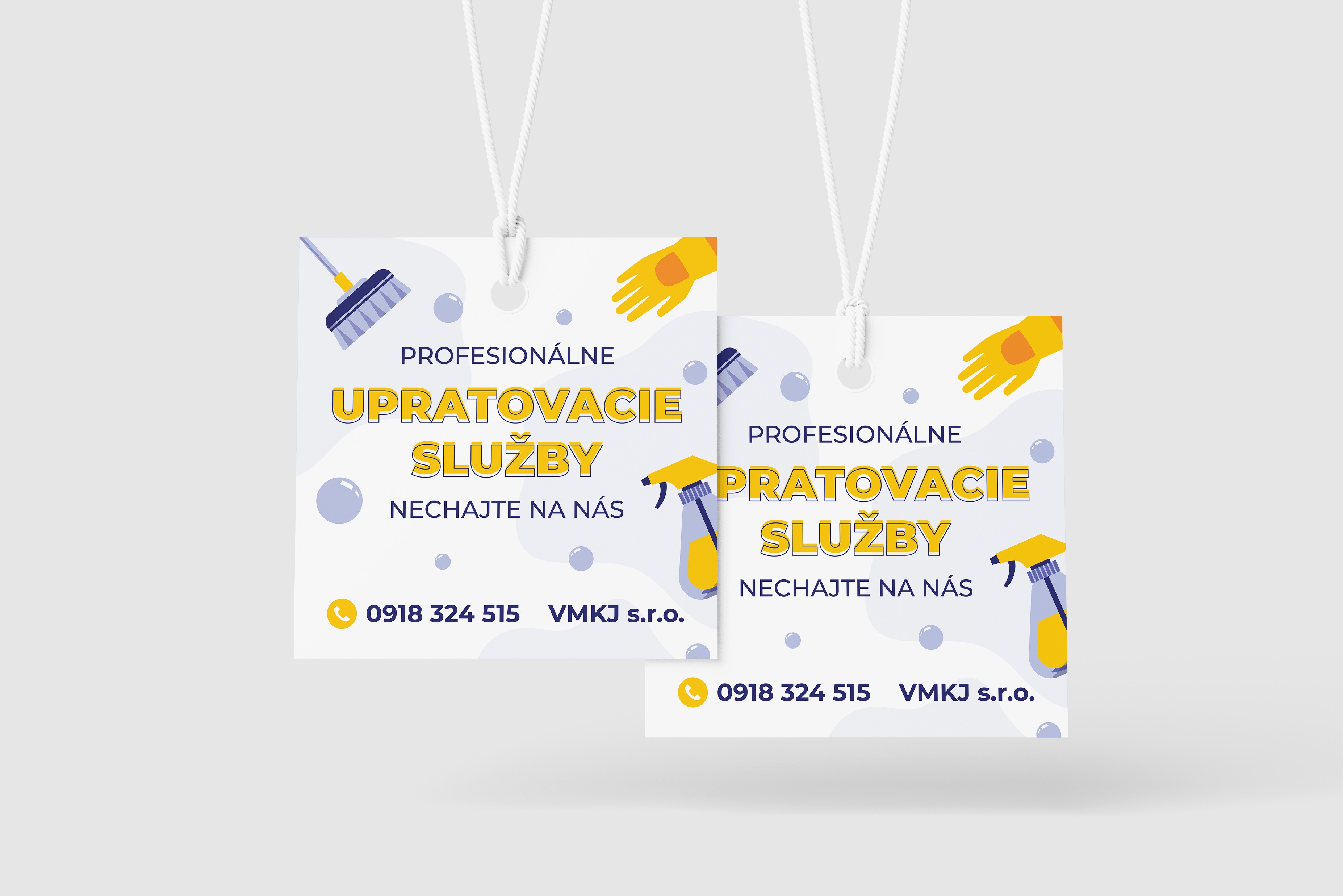 Reklamné visačky VMKJ pre profesionálne upratovacie služby s ilustráciami čistiacich pomôcok a modro-žltou grafikou.