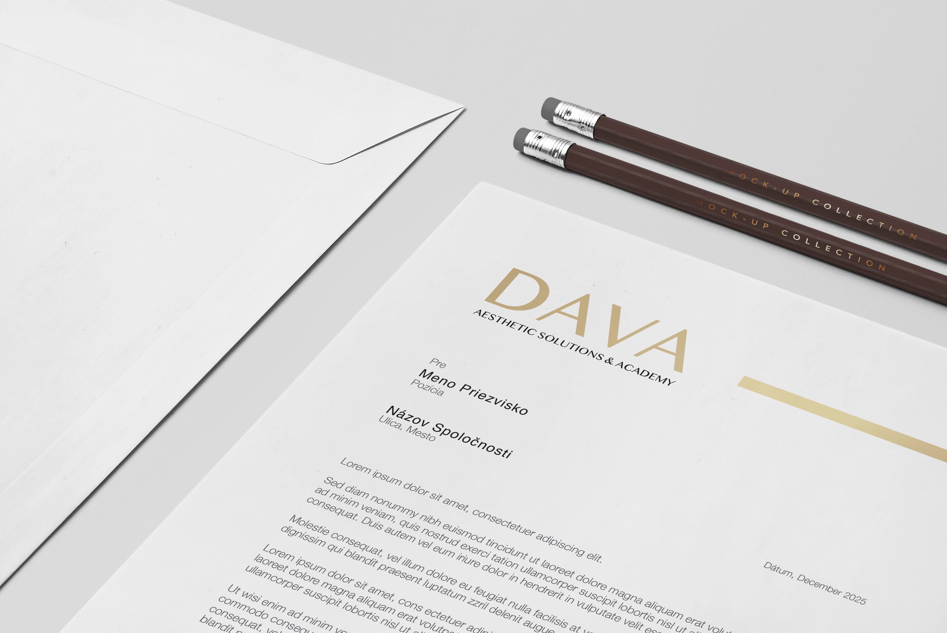 Hlavičkový papier Dizajn firemného hlavičkového papiera – DAVA Aesthetic Solutions & Academy s logom v zlatých tónoch, kontaktnými údajmi a elegantným rozložením textu.