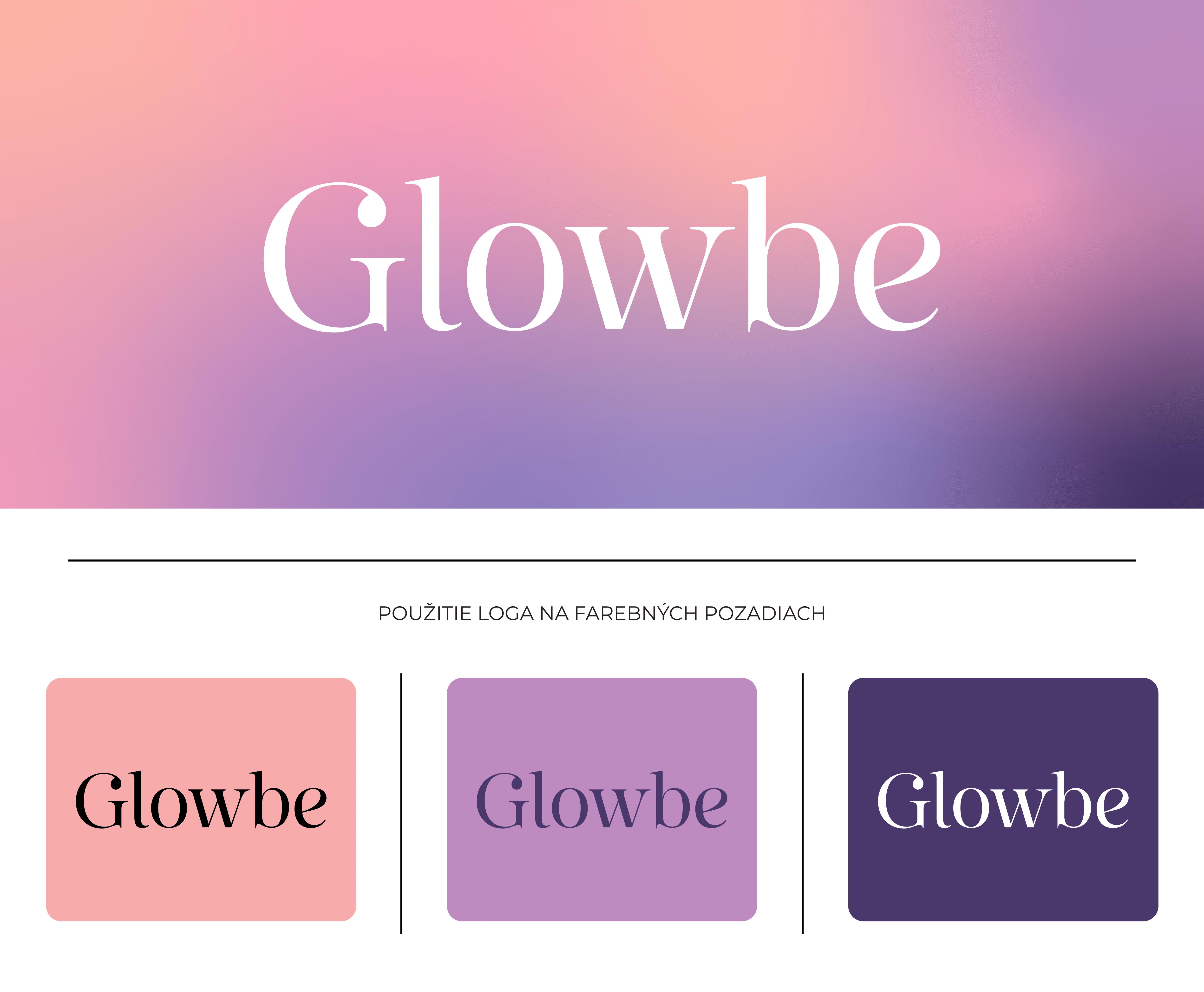 Návrh loga Glowbe s elegantnou typografiou, ružovo-fialovým gradientom a ukážkami loga na troch farebných pozadiach.