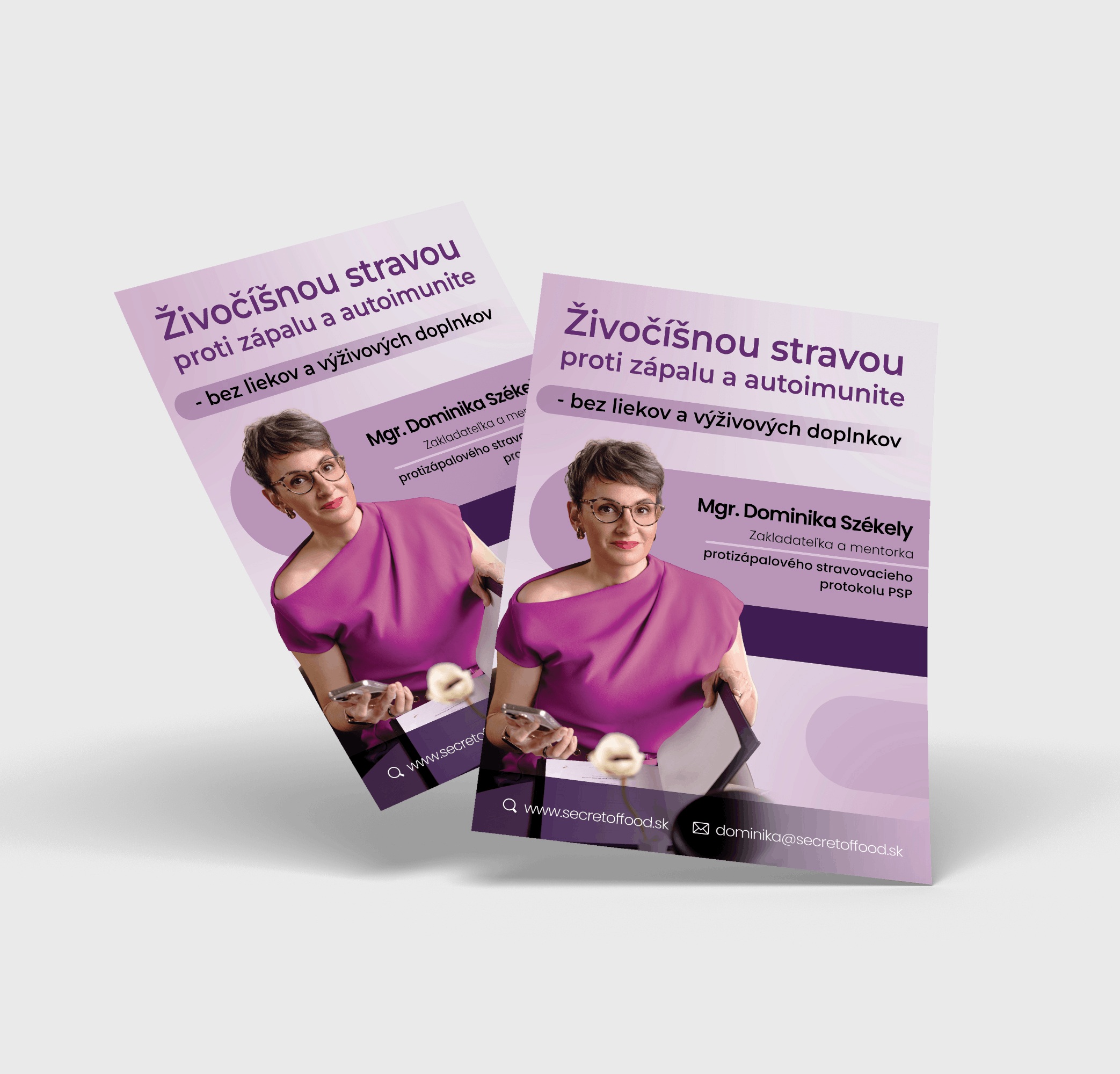 Dva fialové informačné letáky o živočíšnej strave a jej vplyve na zápal a autoimunitu s fotografiou výživovej poradkyne.