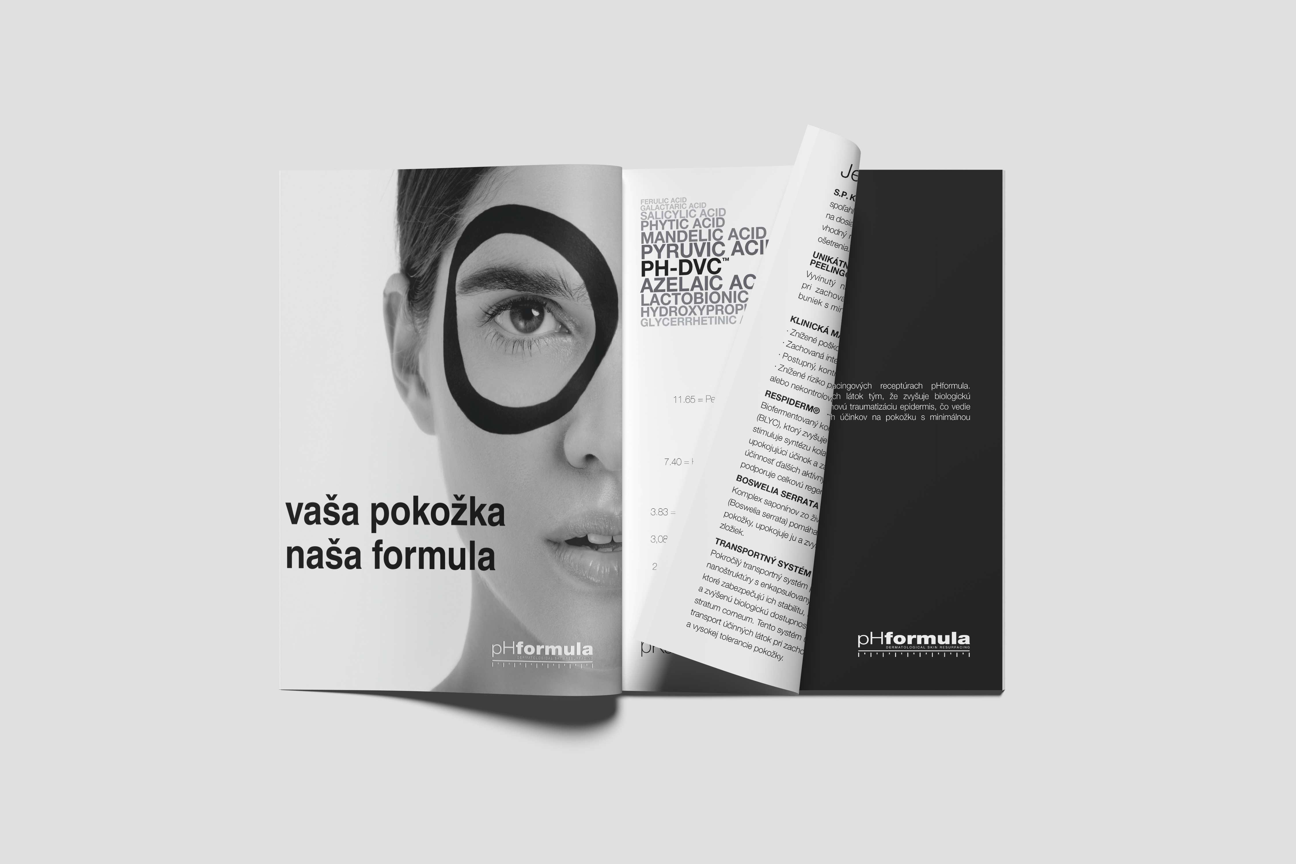 Prezentačný leták pHformula s čiernobielou fotografiou tváre, výraznou typografiou a odbornými informáciami o kozmetickej značke.