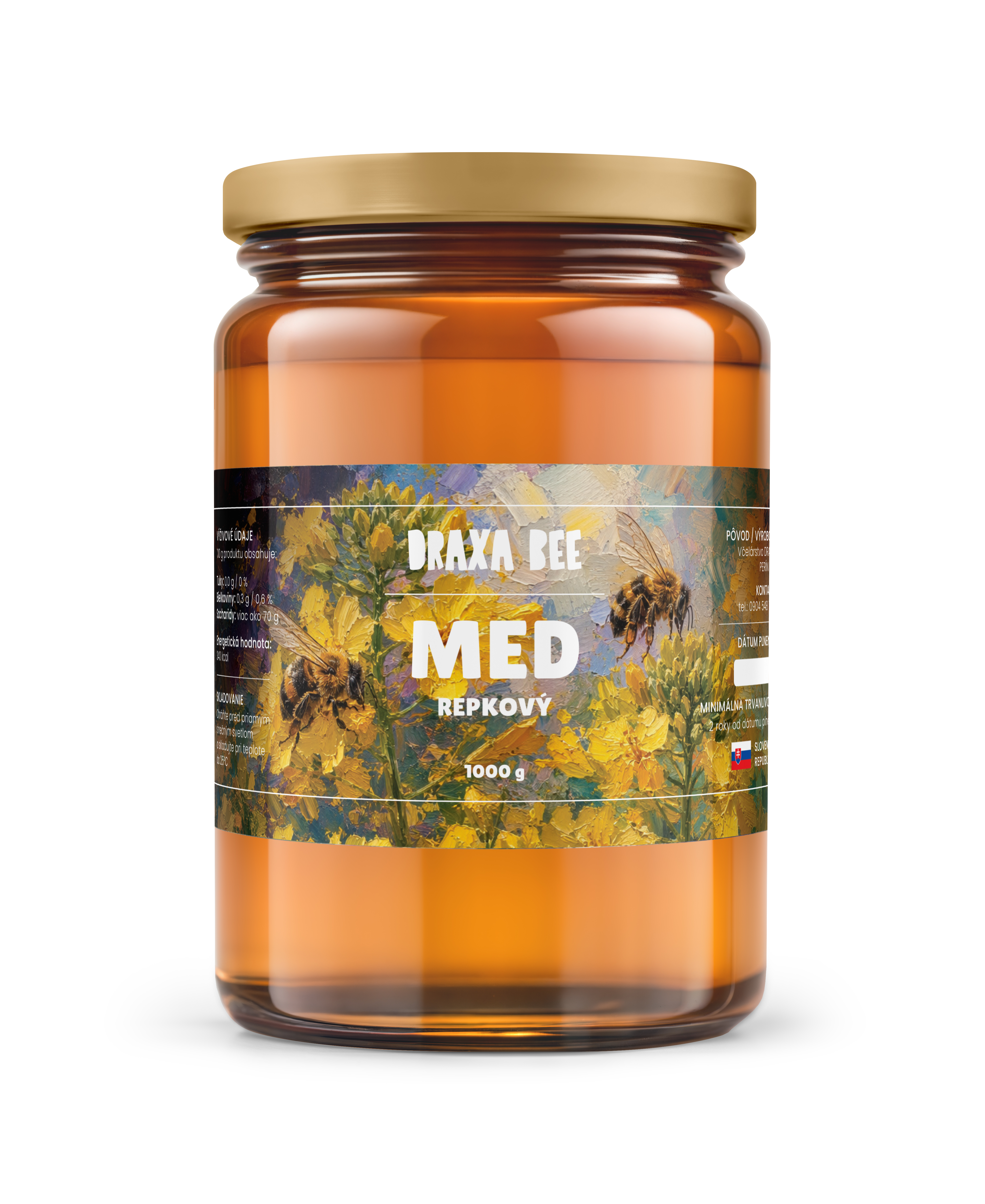Sklenený pohár repkového medu Draxa Bee s etiketou v žltých a modrých odtieňoch, kvetmi repky a motívom včiel.