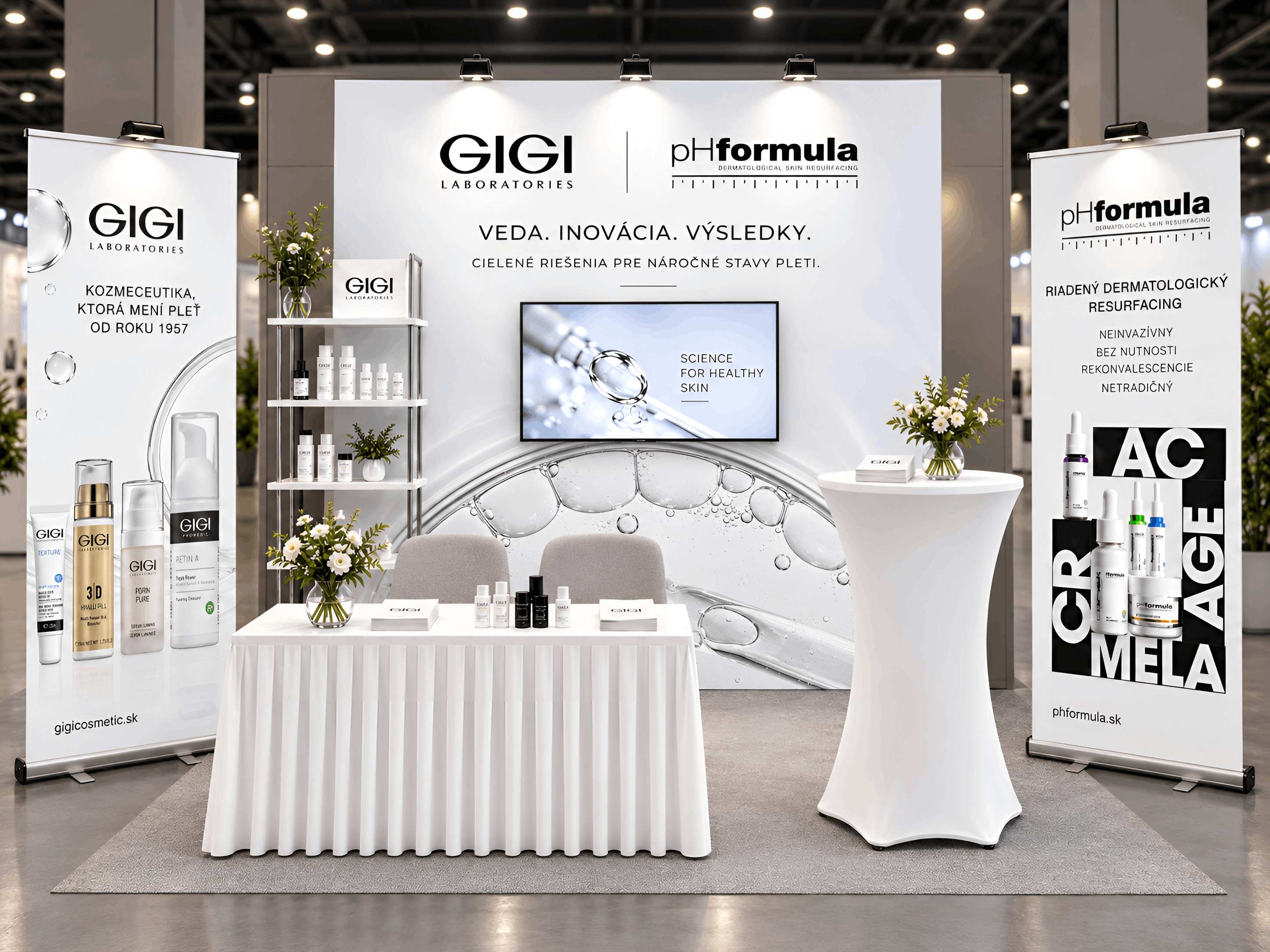 Výstavný stánok kozmetických značiek GIGI Laboratories a pHformula s veľkoformátovou reklamnou stenou, roll-up bannermi a vystavenými produktmi.