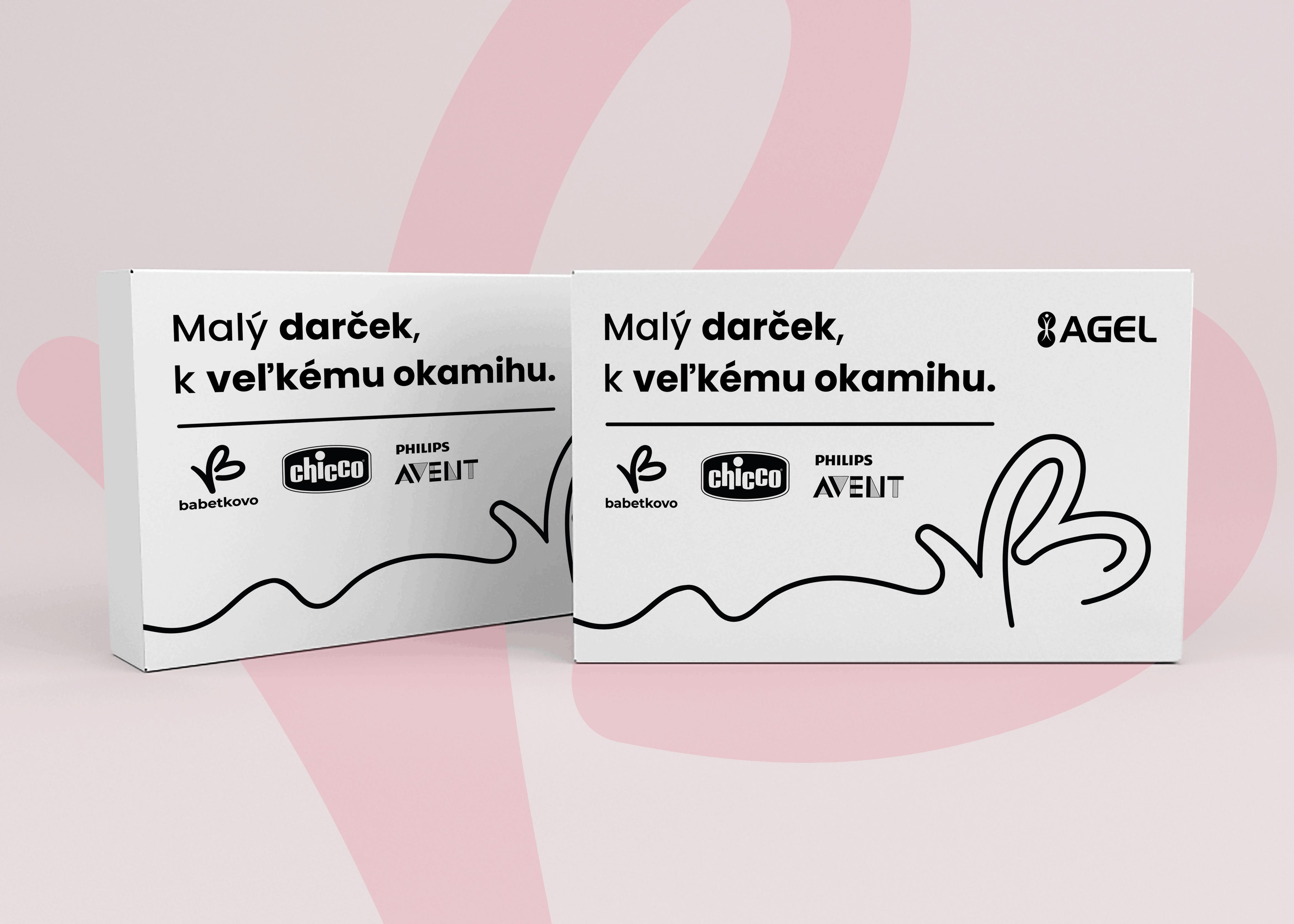 Biele darčekové krabičky BABETKOVO s logami Chicco a Philips Avent, čiernym textom a minimalistickou ilustráciou srdca.
