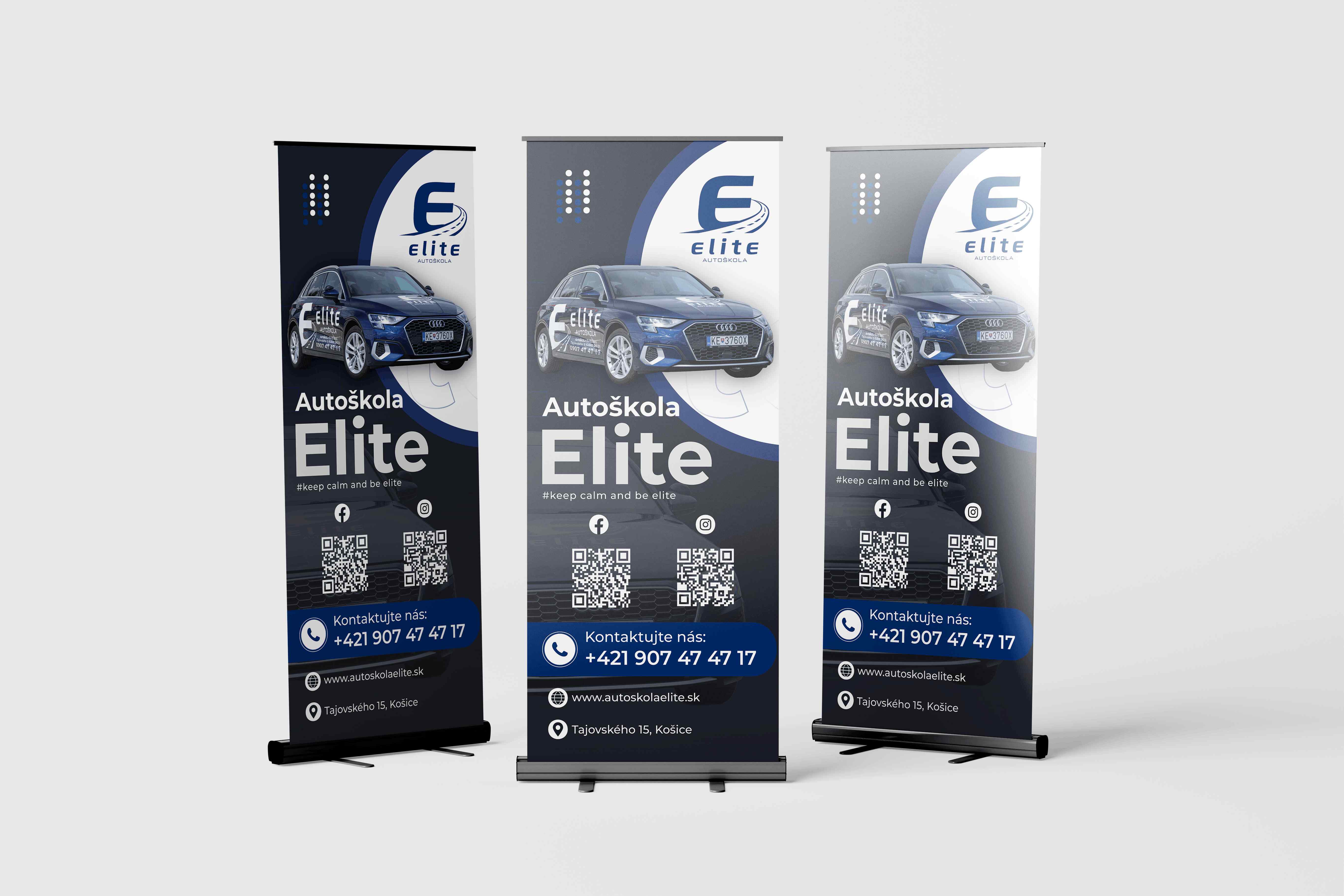 Tri reklamné roll-up bannery Autoškoly Elite v modrej, čiernej a bielej farbe s fotografiou automobilu, logom a kontaktnými údajmi.