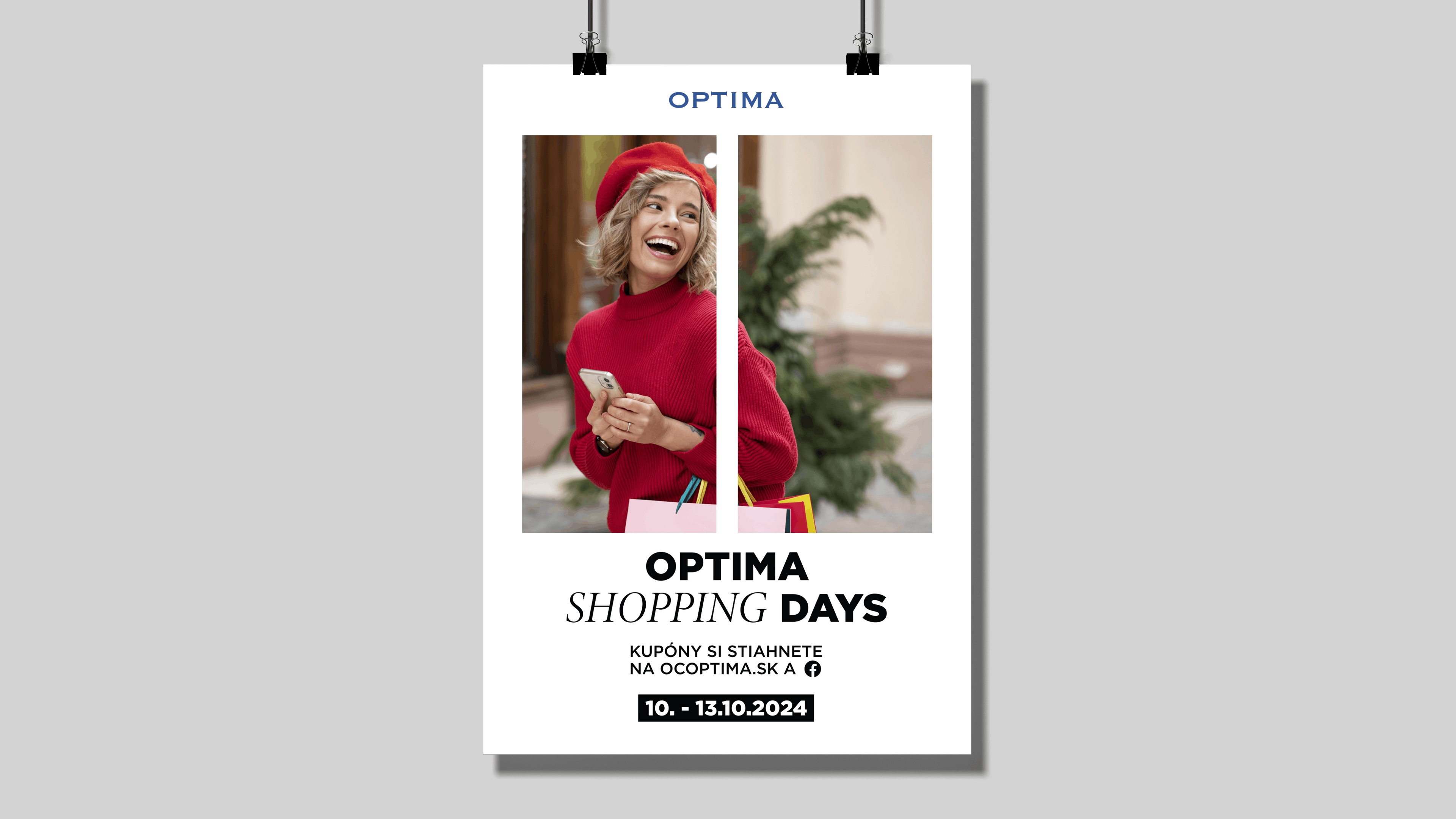 Reklamný plagát OC Optima Shopping Days s fotografiou ženy v červenom oblečení, nákupnými taškami a termínom októbrovej akcie.