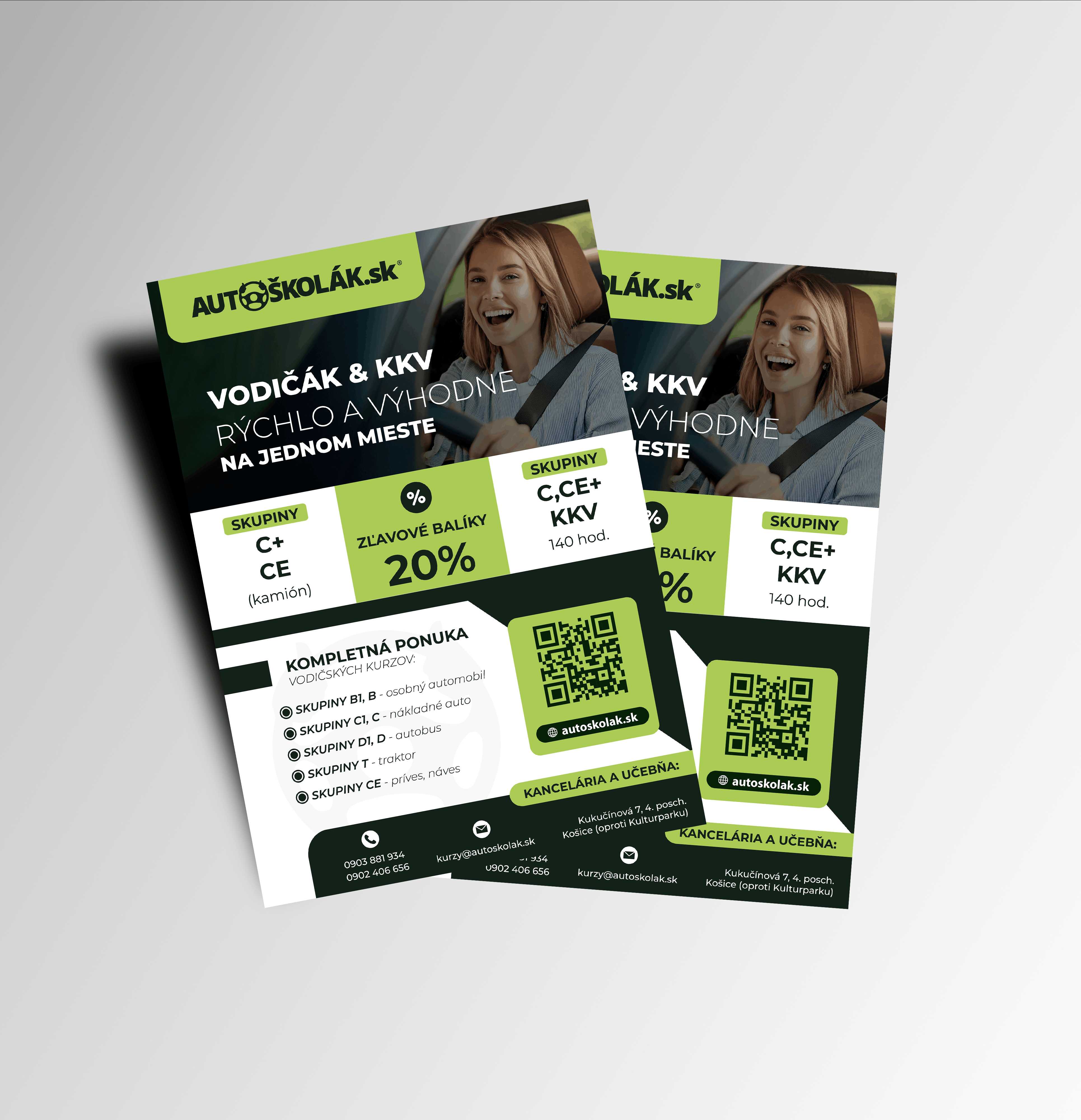 Zeleno-čierne reklamné letáky Autoškolák s fotografiou ženy, ponukou vodičských kurzov, zľavou 20 % a QR kódom.