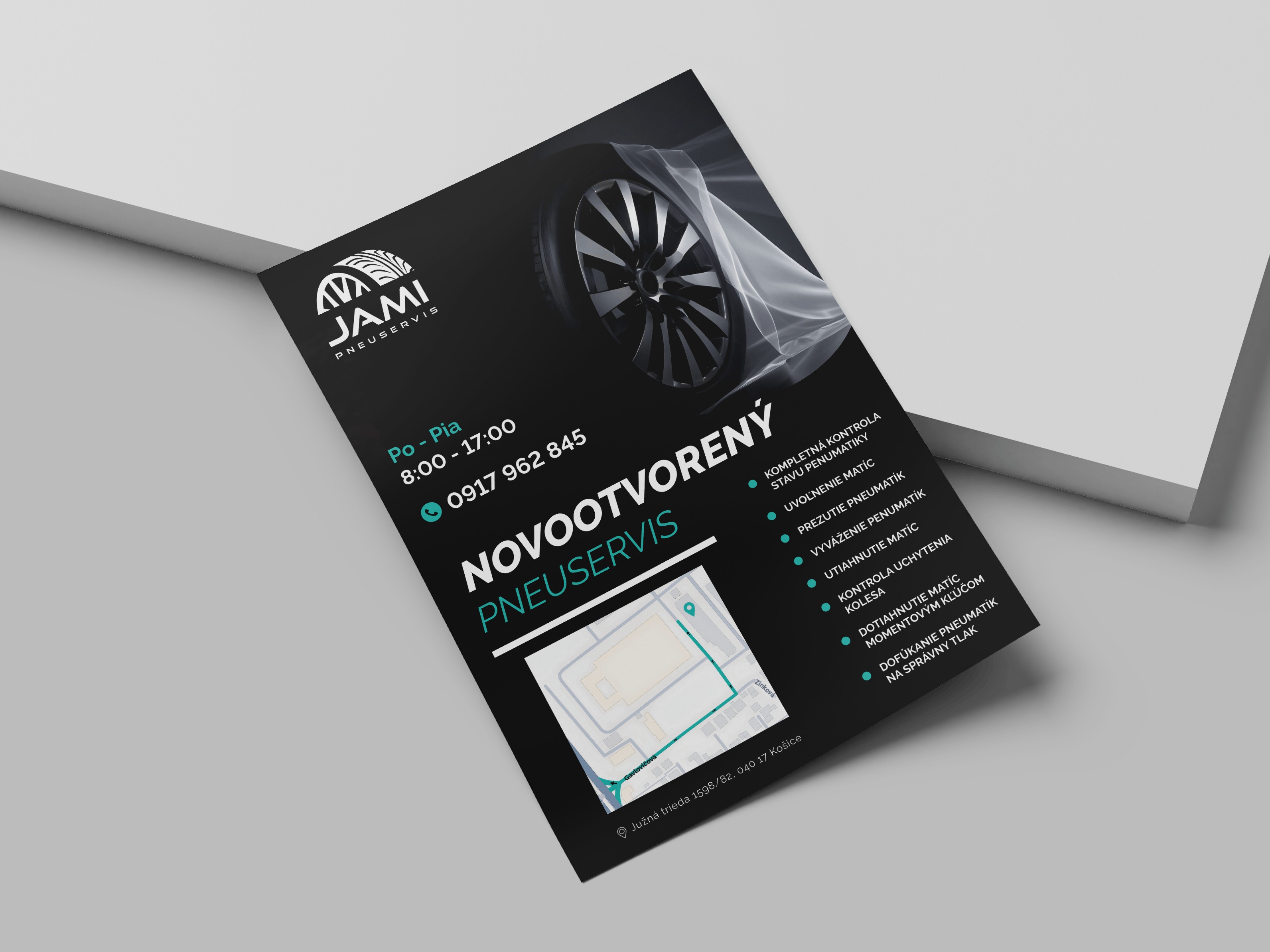 Čierny reklamný leták JAMI Pneuservis s fotografiou automobilového kolesa, tyrkysovými prvkami, mapou a oznámením o otvorení pneuservisu.