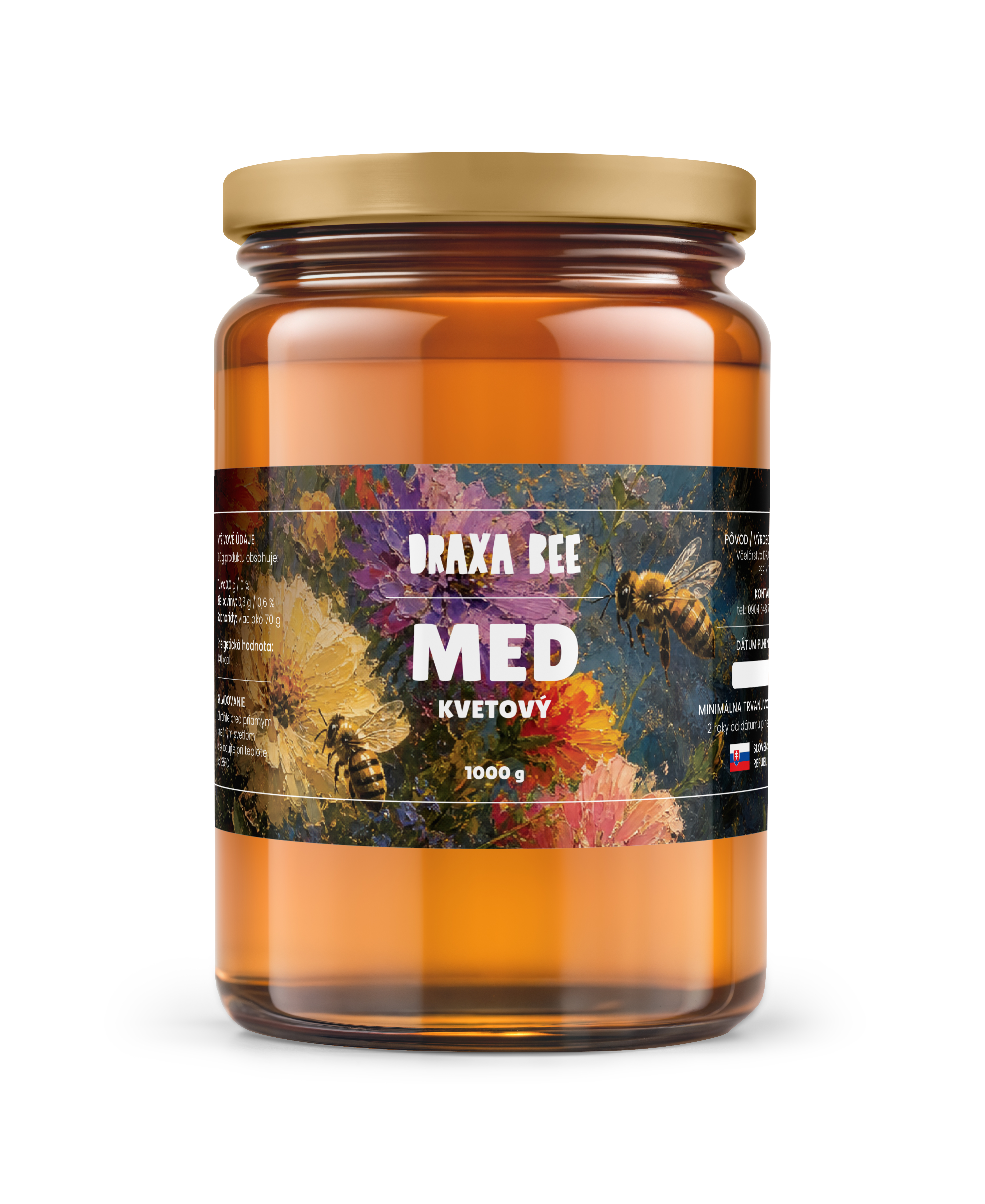 Sklenený pohár kvetového medu Draxa Bee s farebnou etiketou s motívom včiel, kvetov a výrazným bielym názvom produktu.