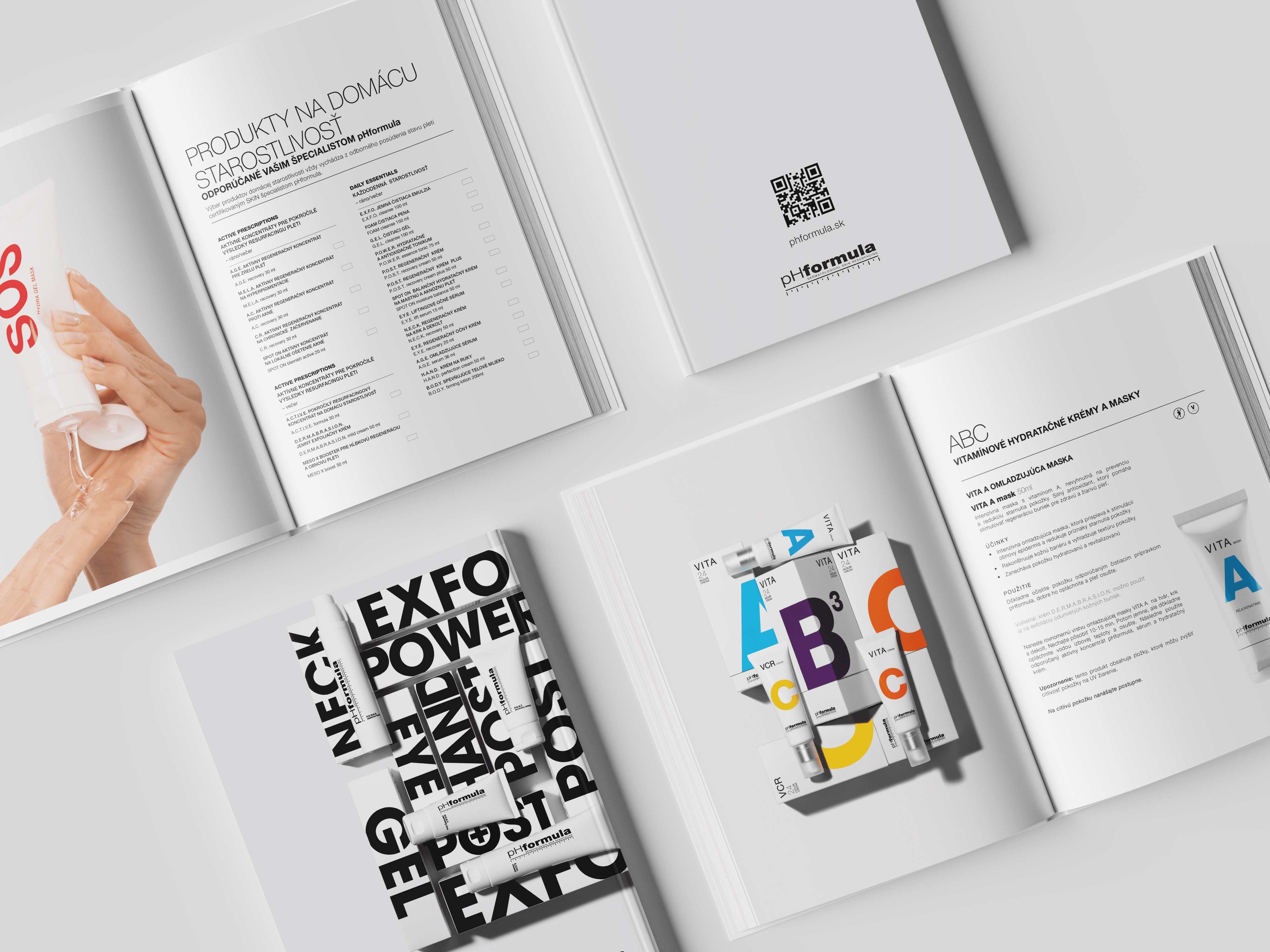 Rozložené strany odborného katalógu pHformula s produktovými informáciami, fotografiami kozmetiky, výraznou typografiou a QR kódom.